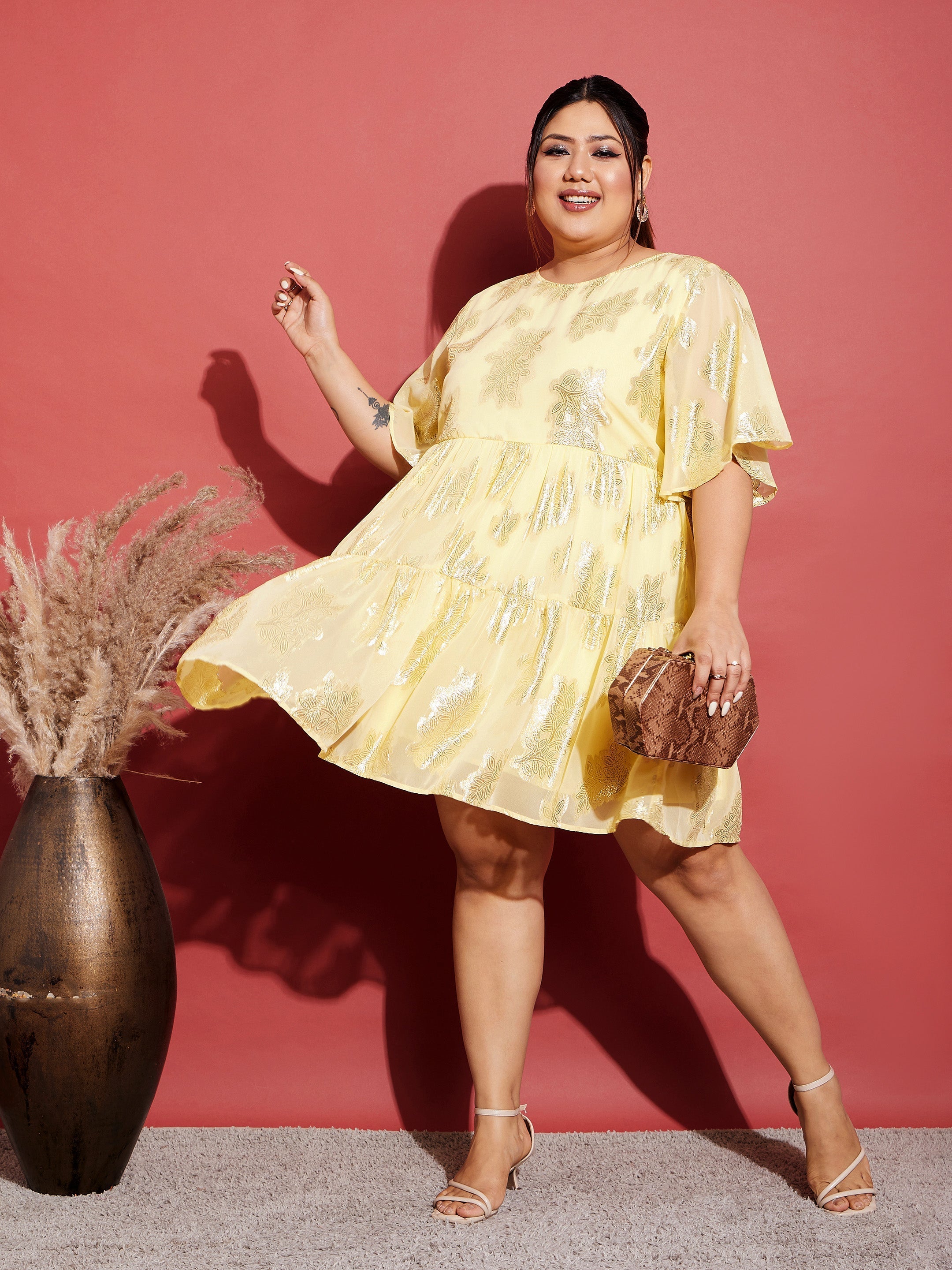 Women's Yellow Jacquard Tiered Dress - SASSAFRAS