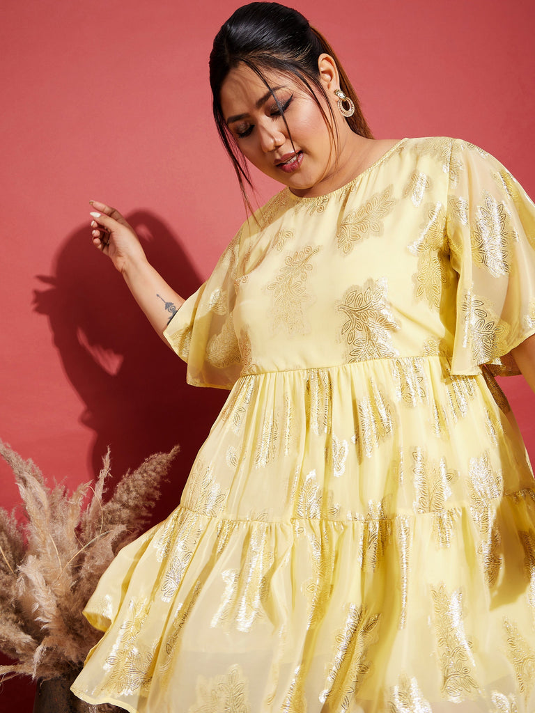 Women's Yellow Jacquard Tiered Dress