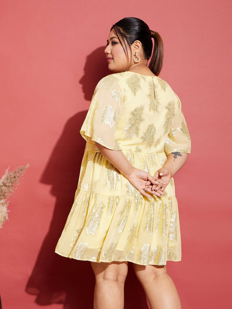 Women's Yellow Jacquard Tiered Dress
