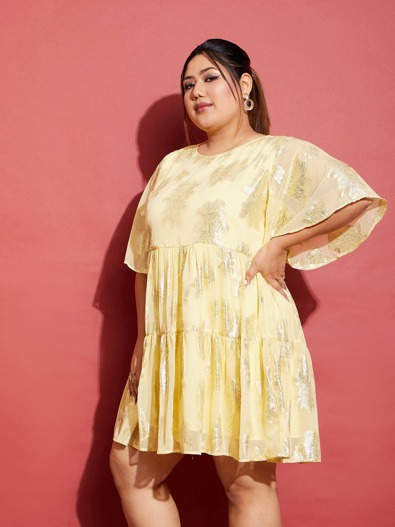 Women's Yellow Jacquard Tiered Dress