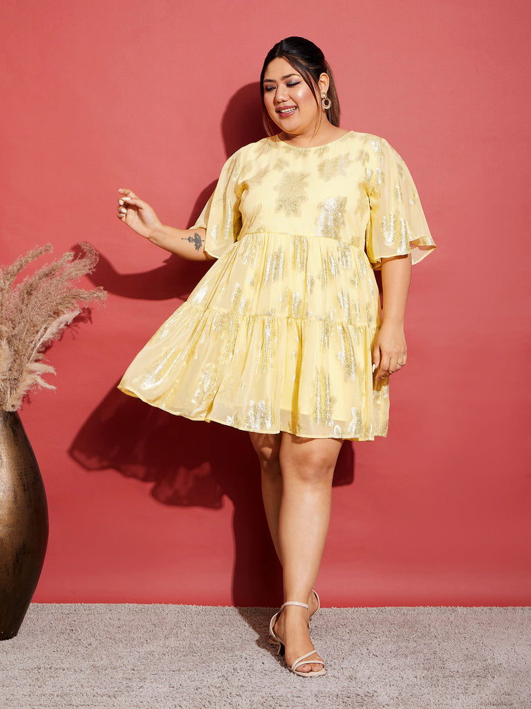 Women's Yellow Jacquard Tiered Dress