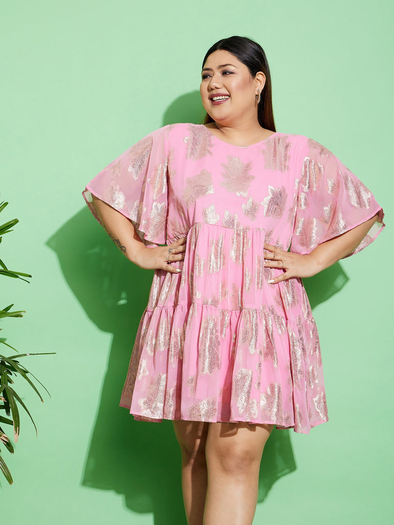 Women's Pink Jacquard Tiered Dress