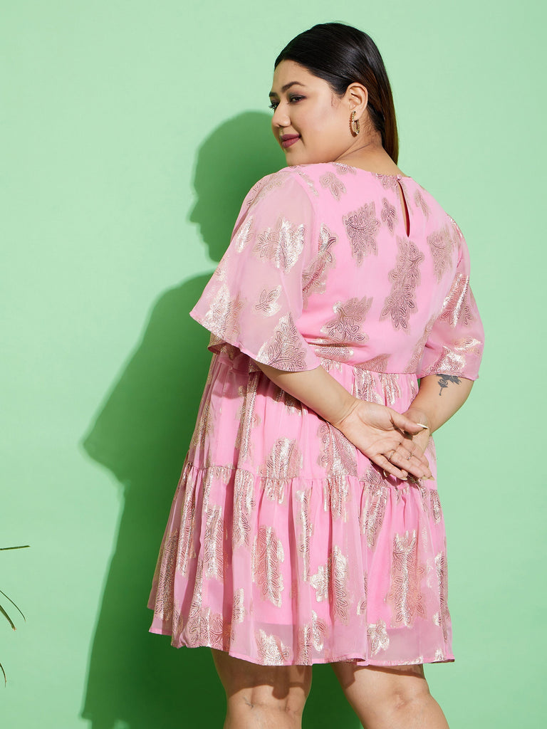 Women's Pink Jacquard Tiered Dress