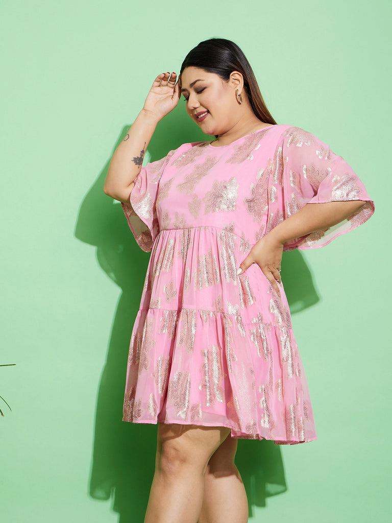 Women's Pink Jacquard Tiered Dress