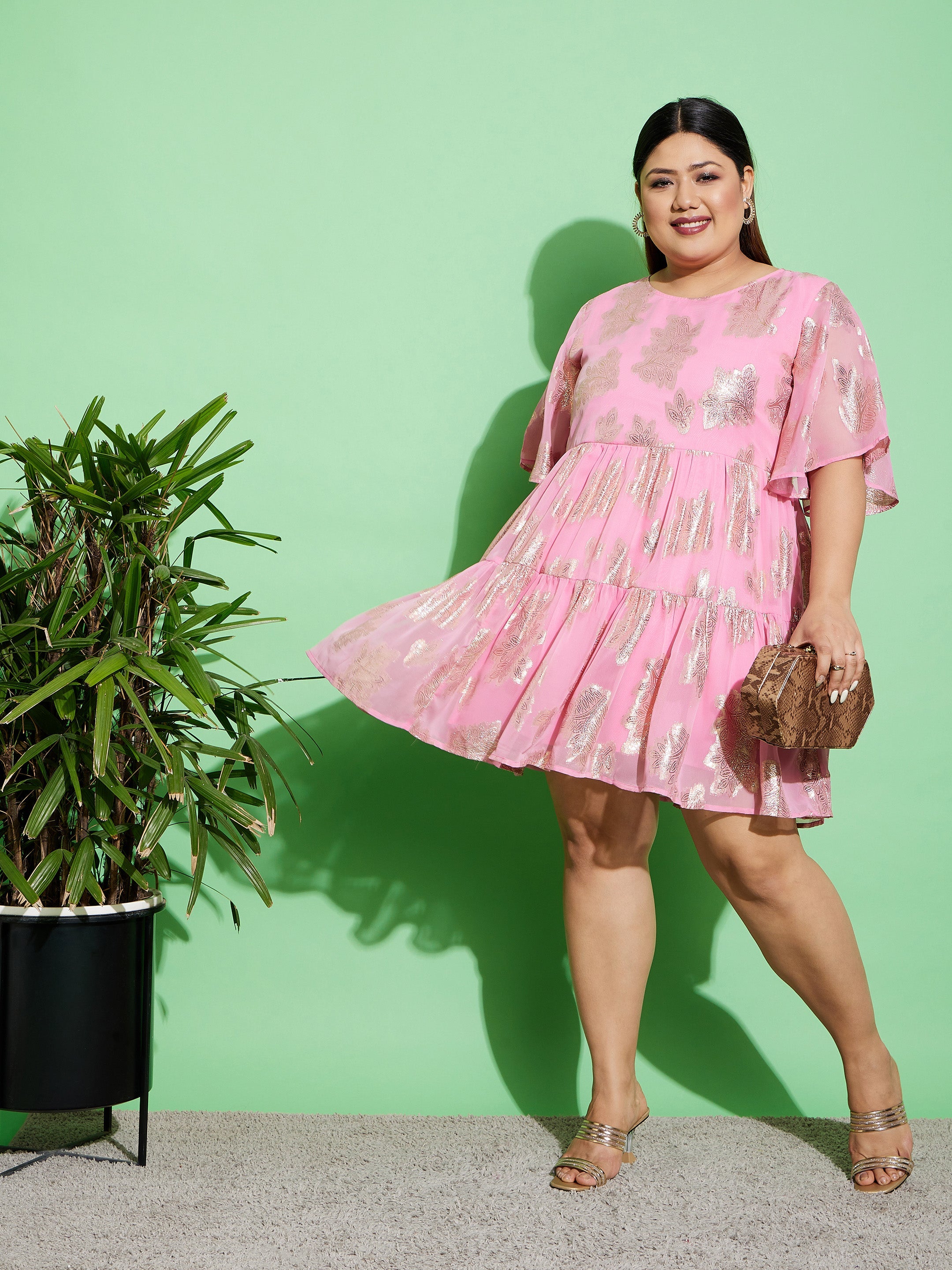 Women's Pink Jacquard Tiered Dress - SASSAFRAS
