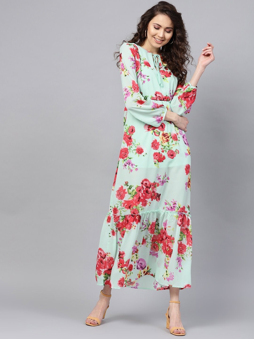 Women's Aqua Floral Tie-Up Maxi Dress - SASSAFRAS