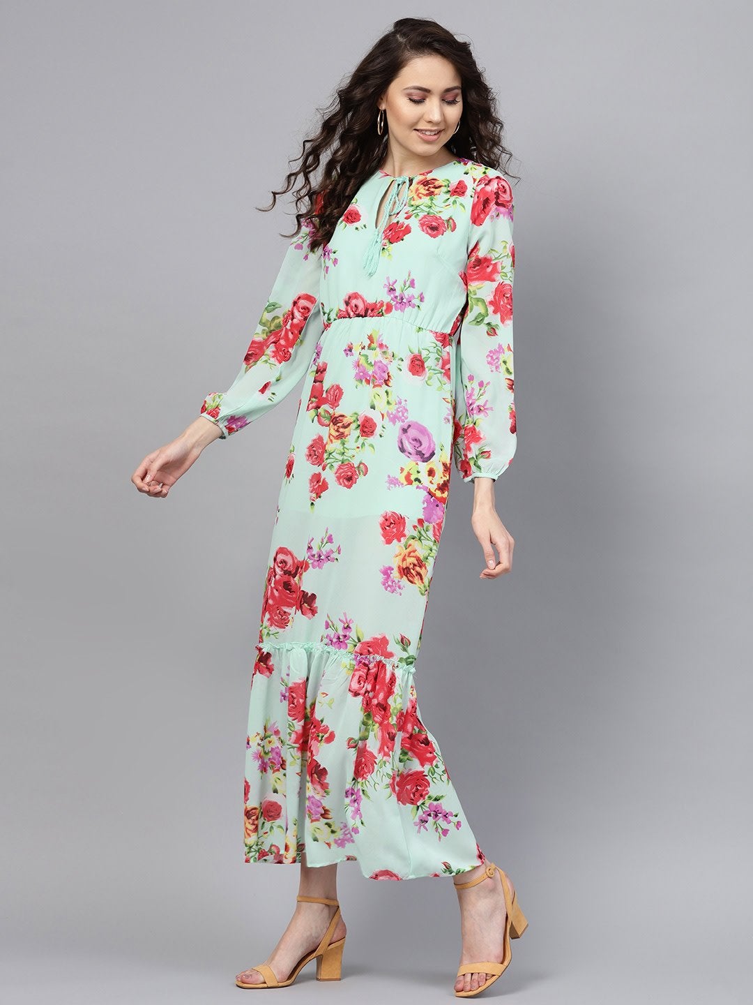 Women's Aqua Floral Tie-Up Maxi Dress - SASSAFRAS