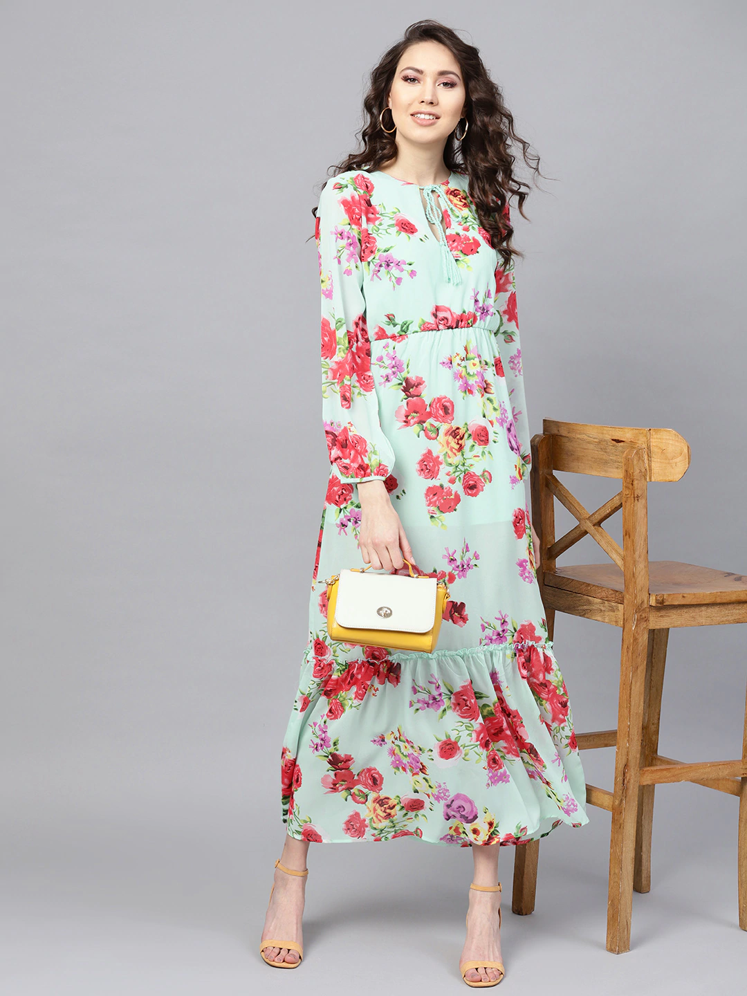 Women's Aqua Floral Tie-Up Maxi Dress - SASSAFRAS