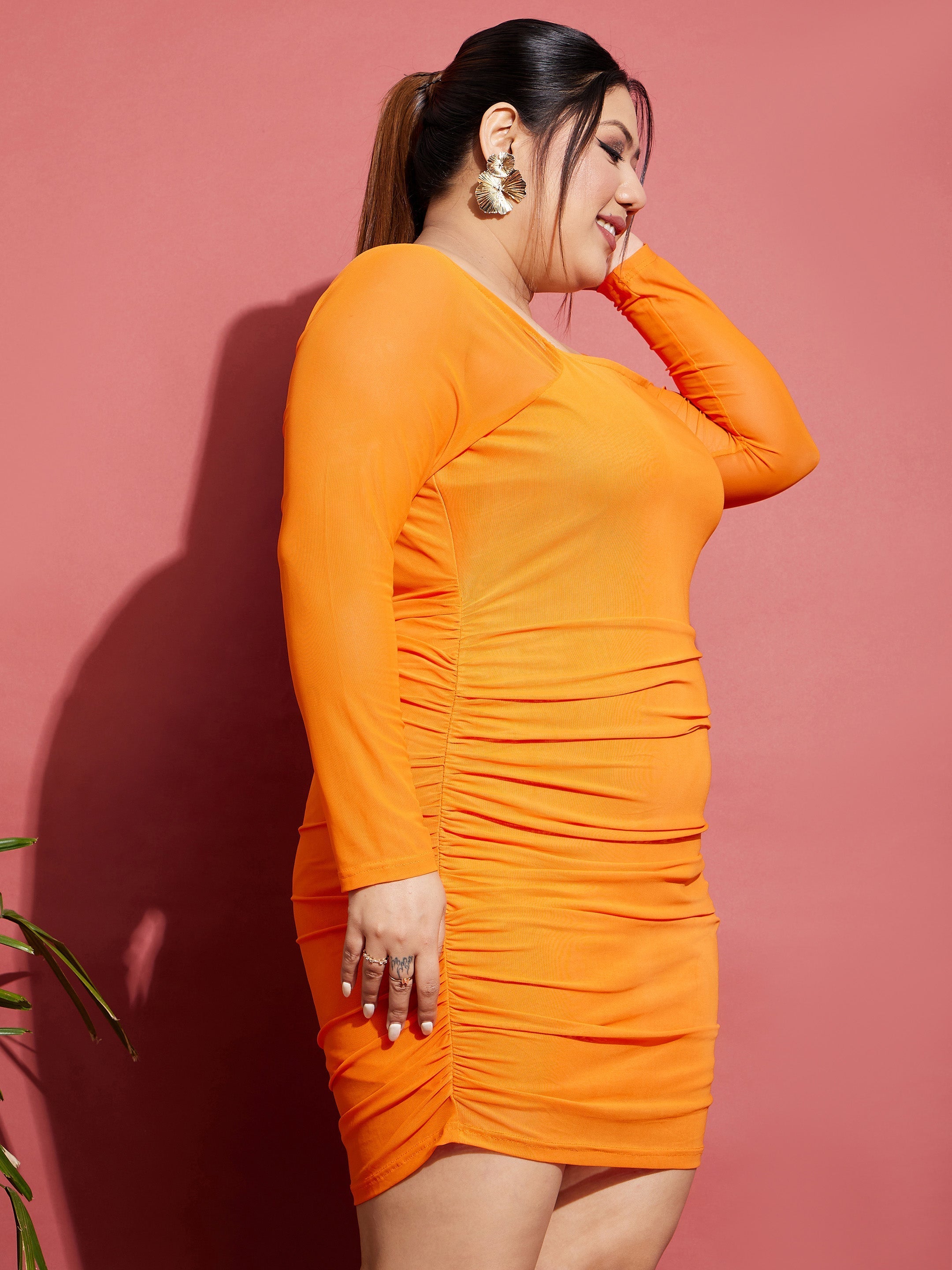 Women's Orange Mesh Ruched Bodycon Dress - SASSAFRAS