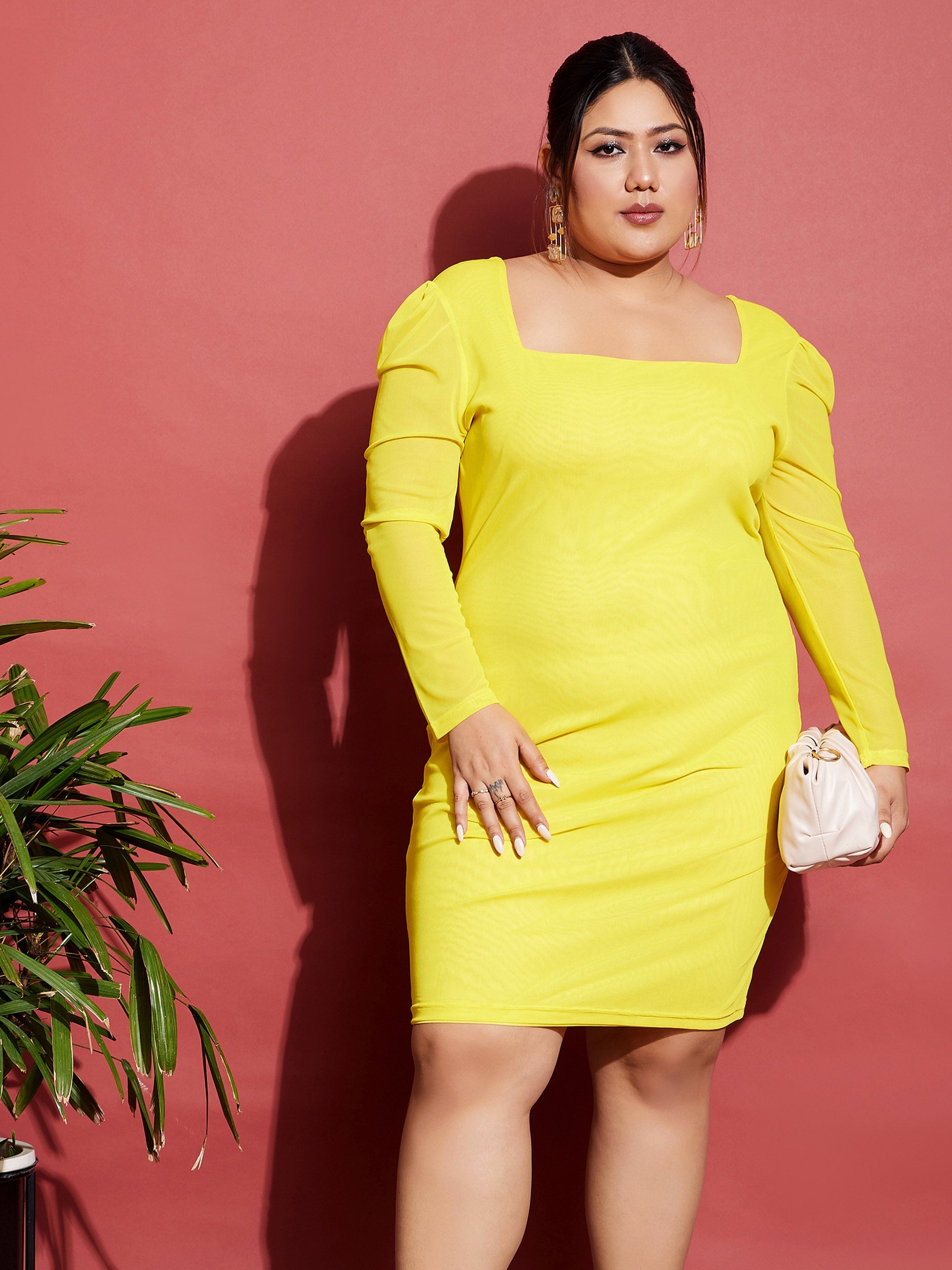 Women's Yellow Mesh Bodycon Dress - SASSAFRAS
