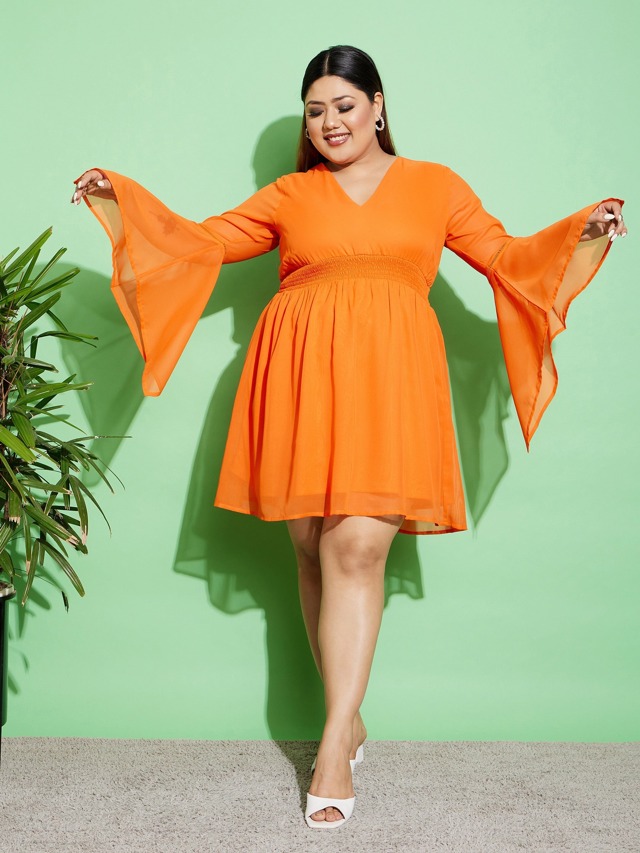 Women's Orange Boho Sleeve Skater Dress - SASSAFRAS