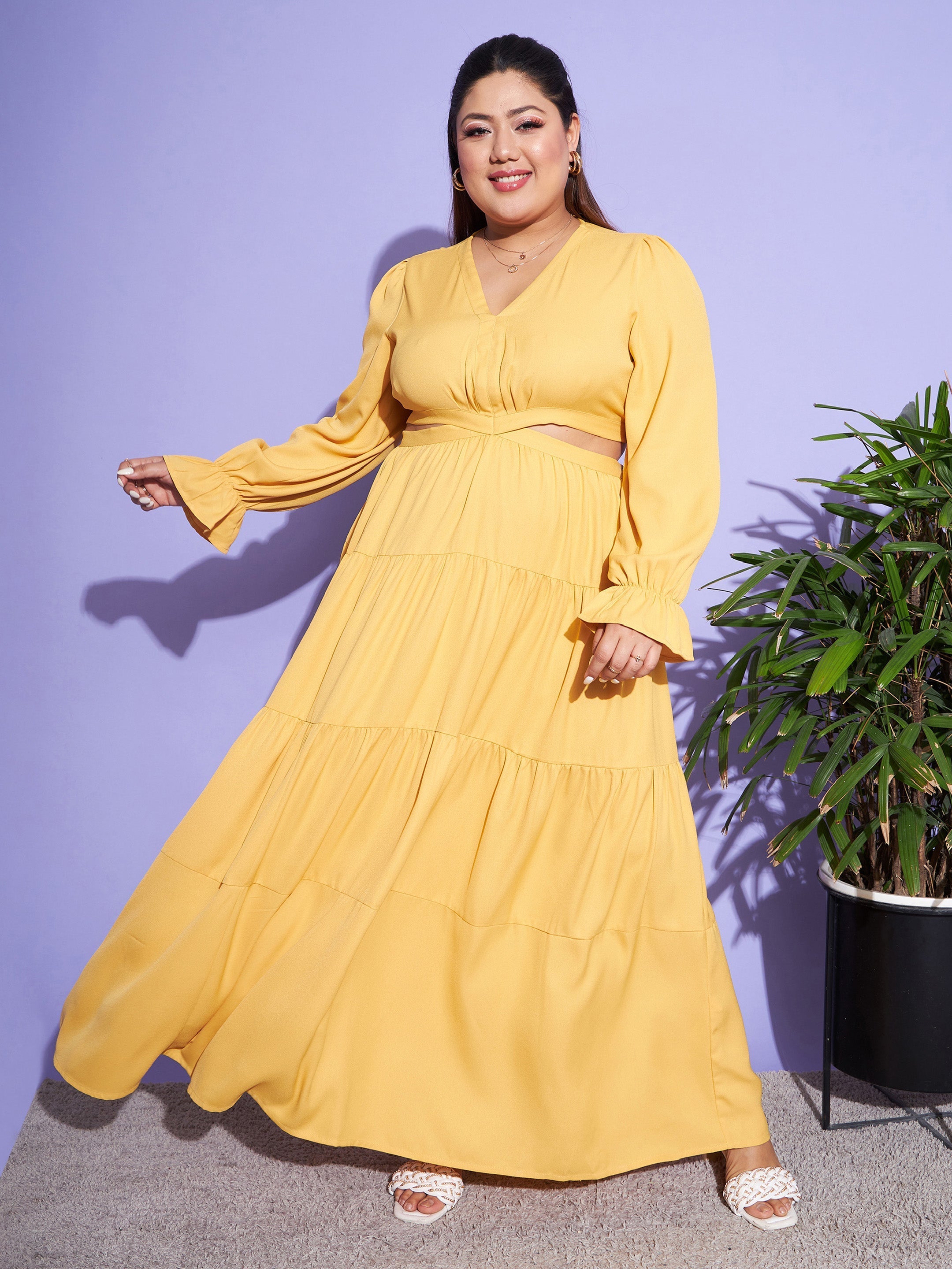 Women's Mustard Solid Waist Cut-Out Maxi Dress - SASSAFRAS
