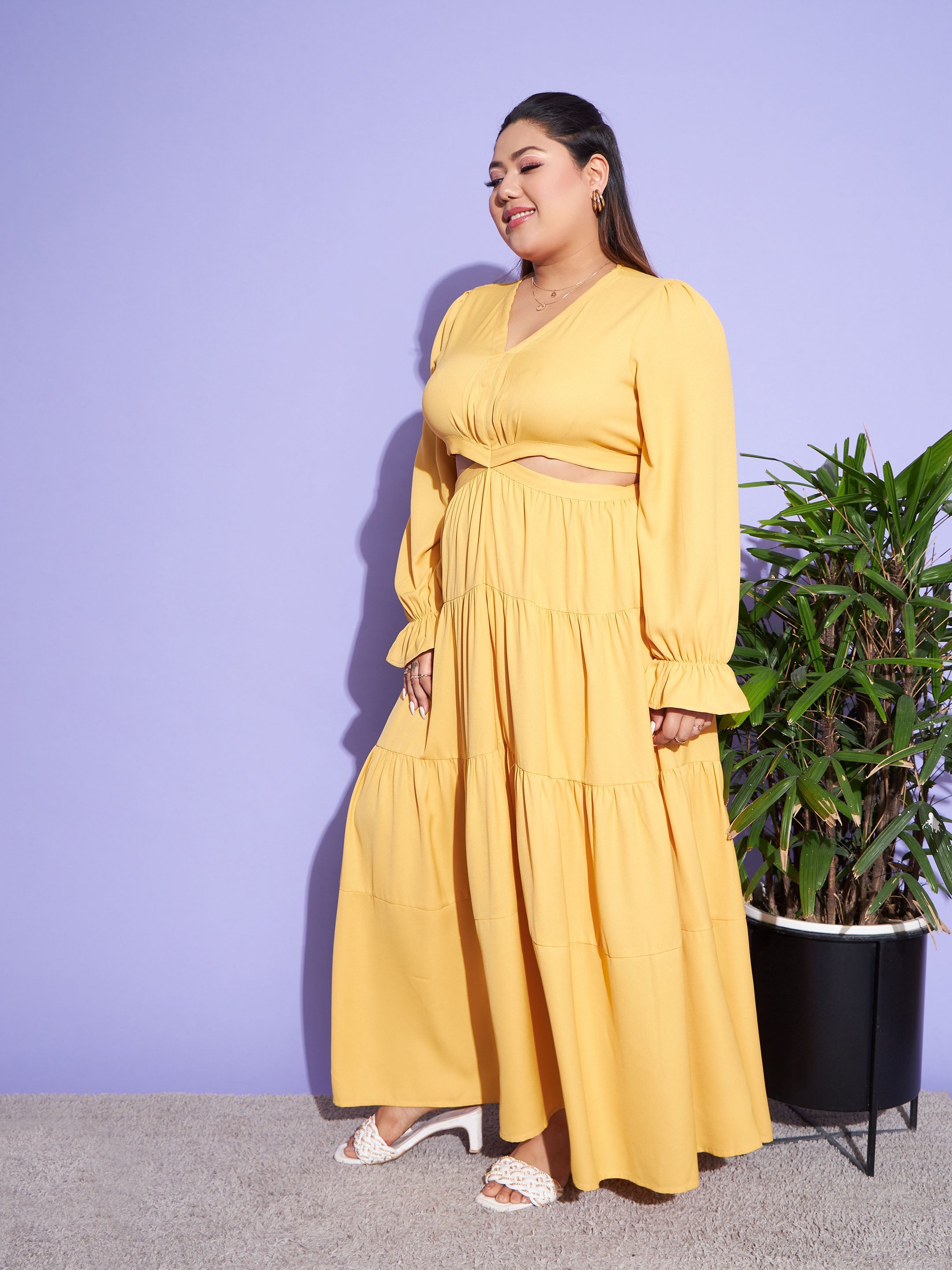 Women's Mustard Solid Waist Cut-Out Maxi Dress - SASSAFRAS