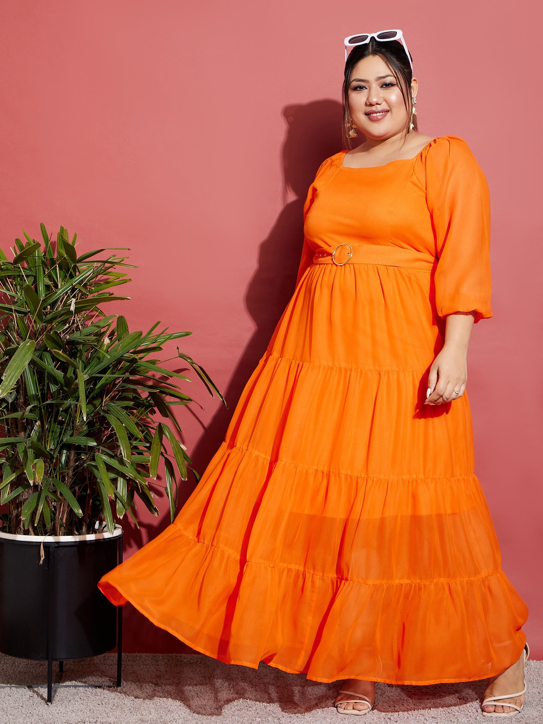 Women's Orange Off Shoulder Tiered Belted Maxi Dress - SASSAFRAS