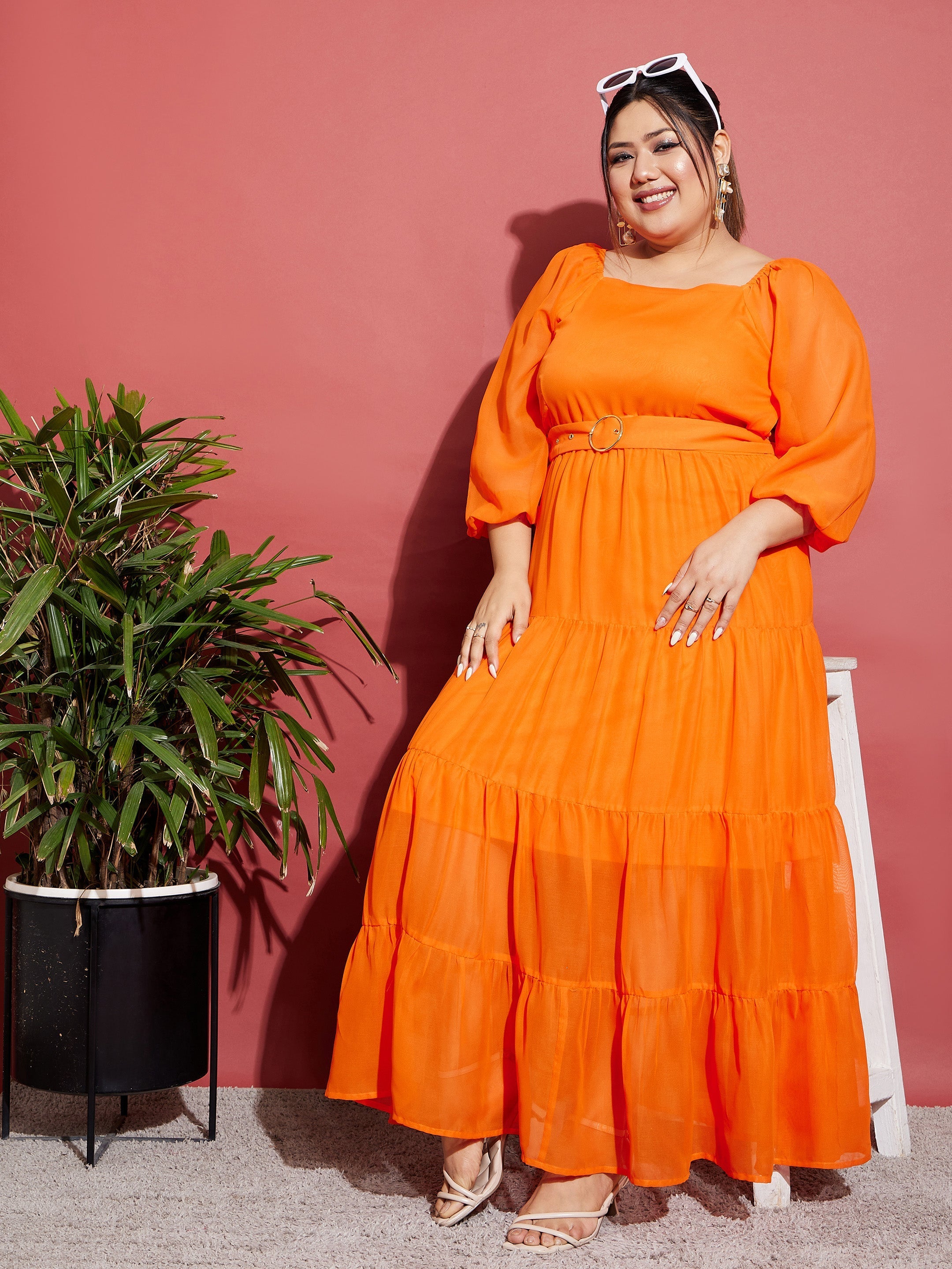 Women's Orange Off Shoulder Tiered Belted Maxi Dress - SASSAFRAS