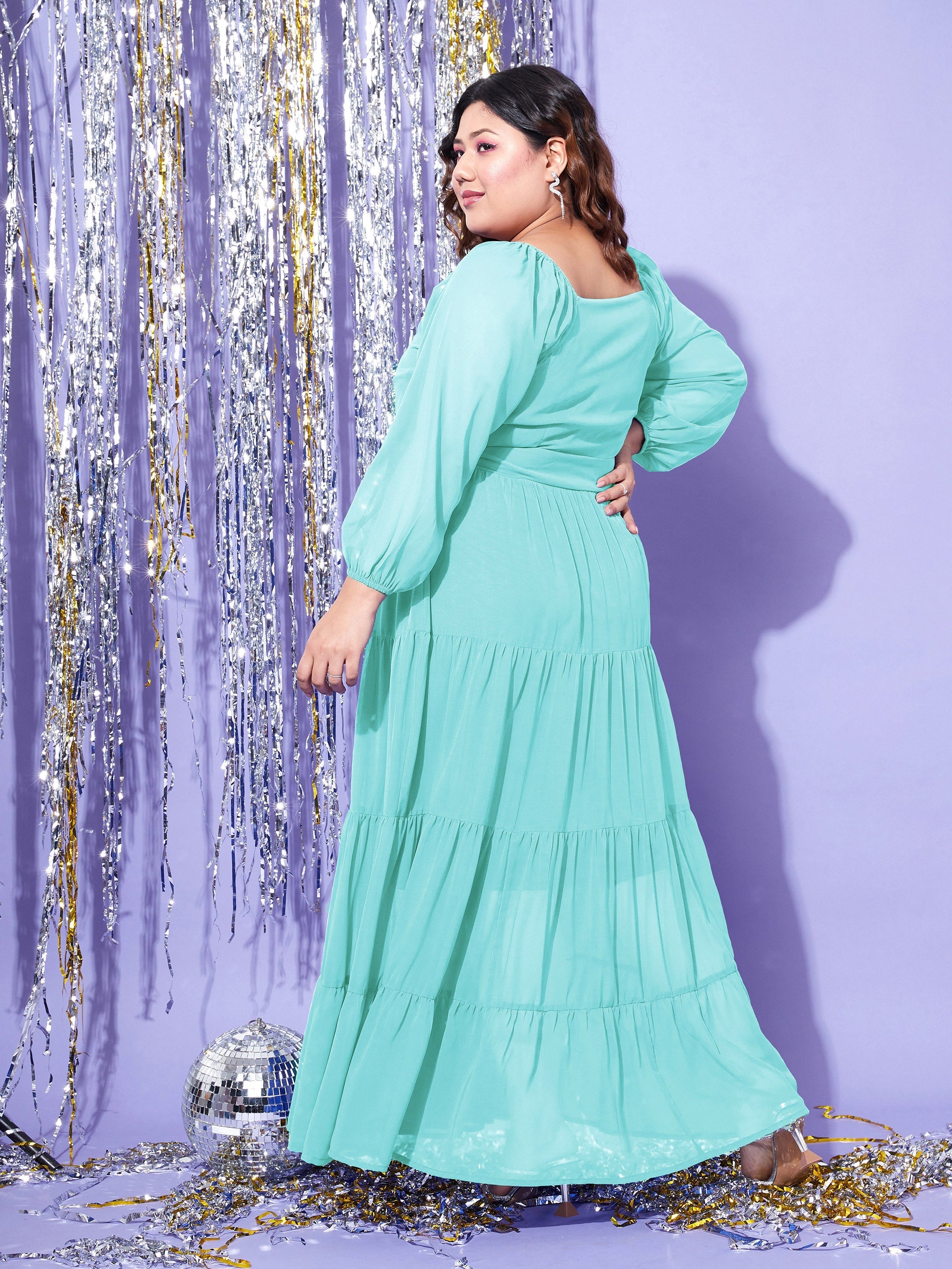 Women's Turquoise Blue Off Shoulder Tiered Belted Maxi Dress - SASSAFRAS