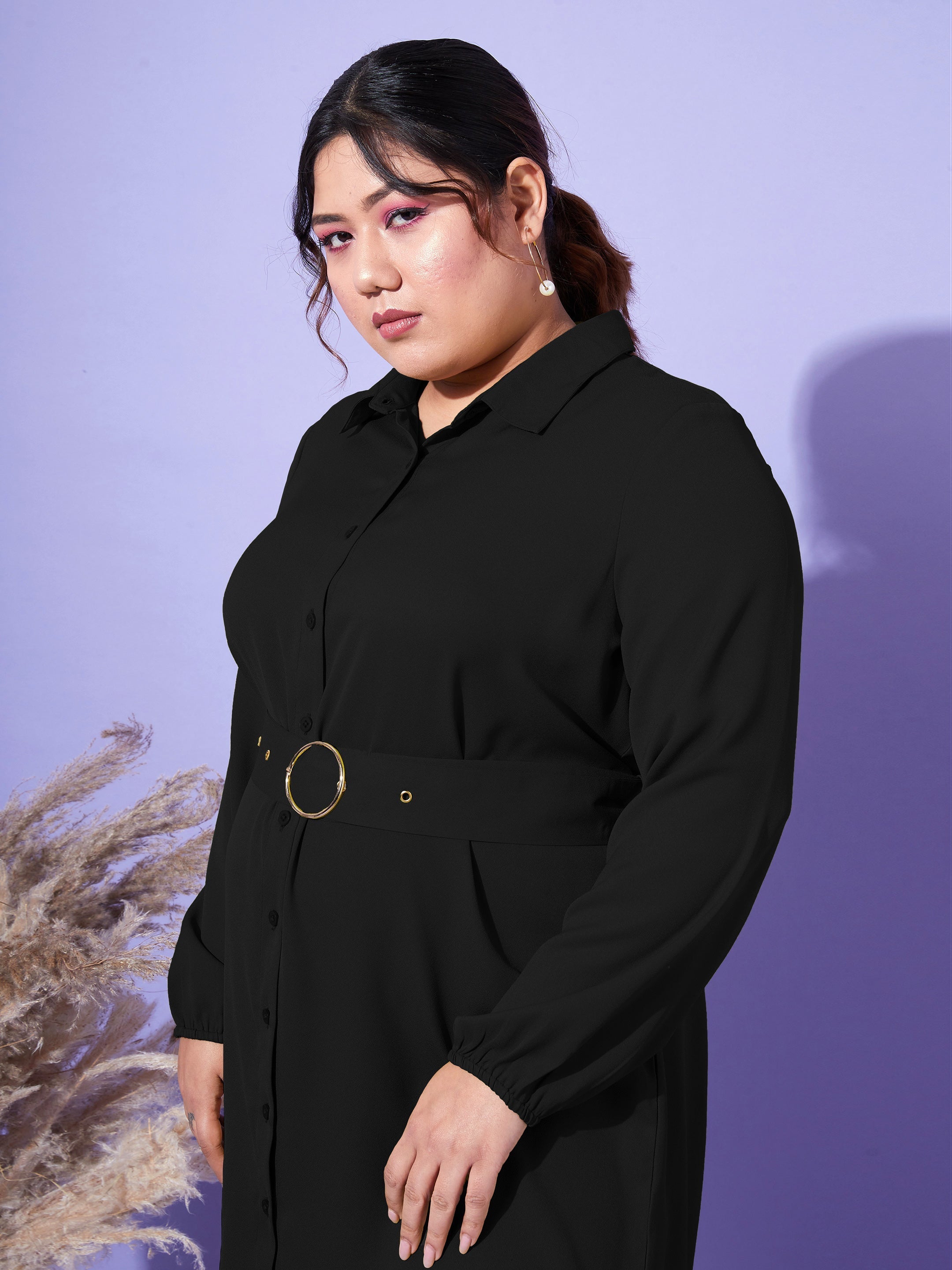 Women's Black Front Open Button Shirt Dress - SASSAFRAS
