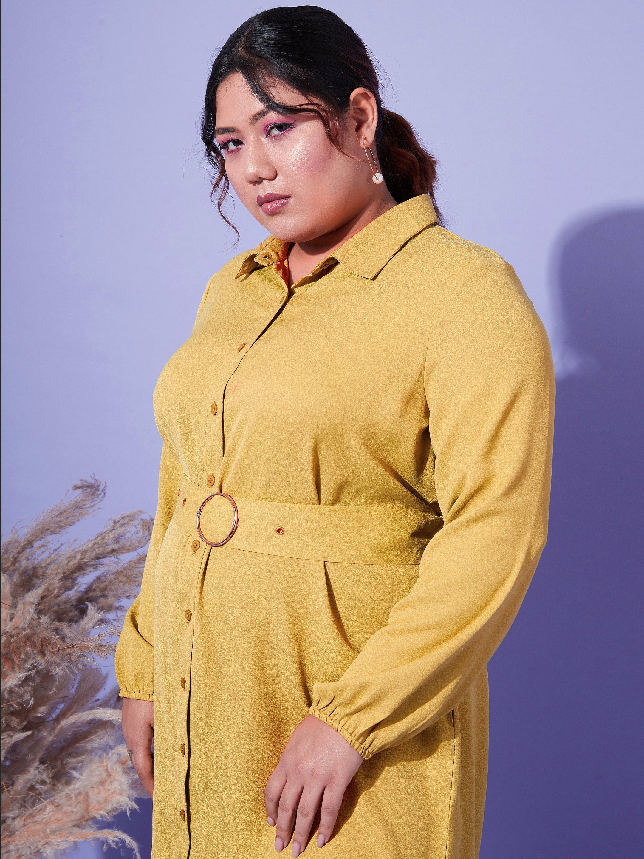 Women's Mustard Front Open Button Shirt Dress - SASSAFRAS