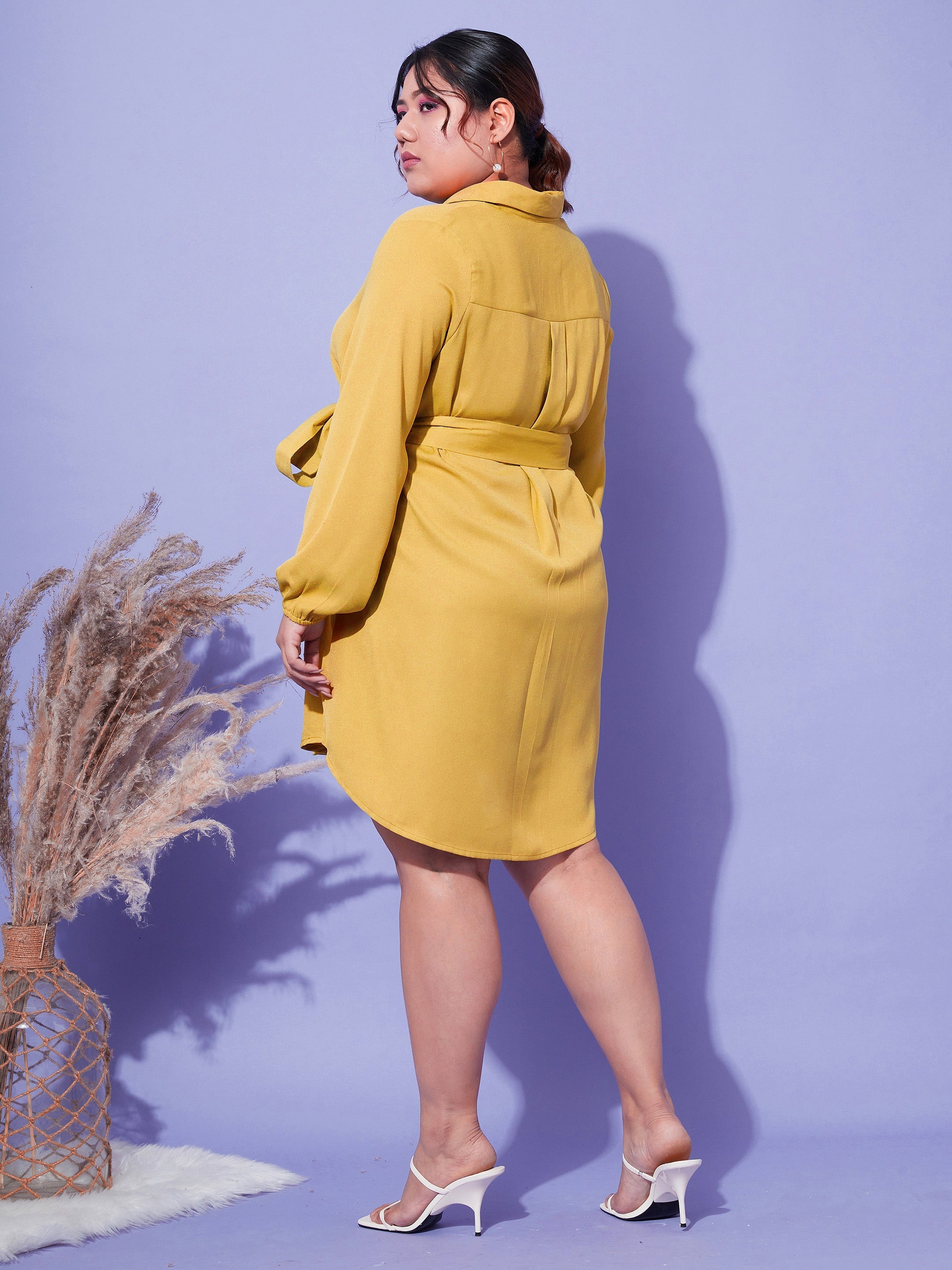 Women's Mustard Front Open Button Shirt Dress - SASSAFRAS