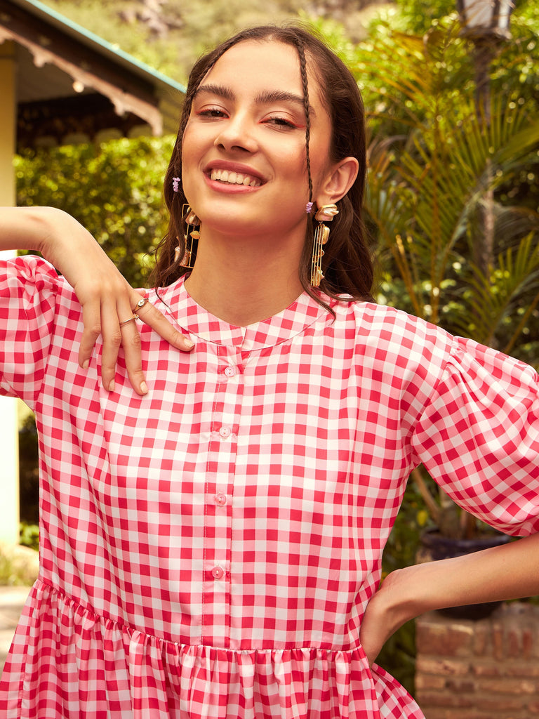 Women's Pink Check Tiered Mini Dress