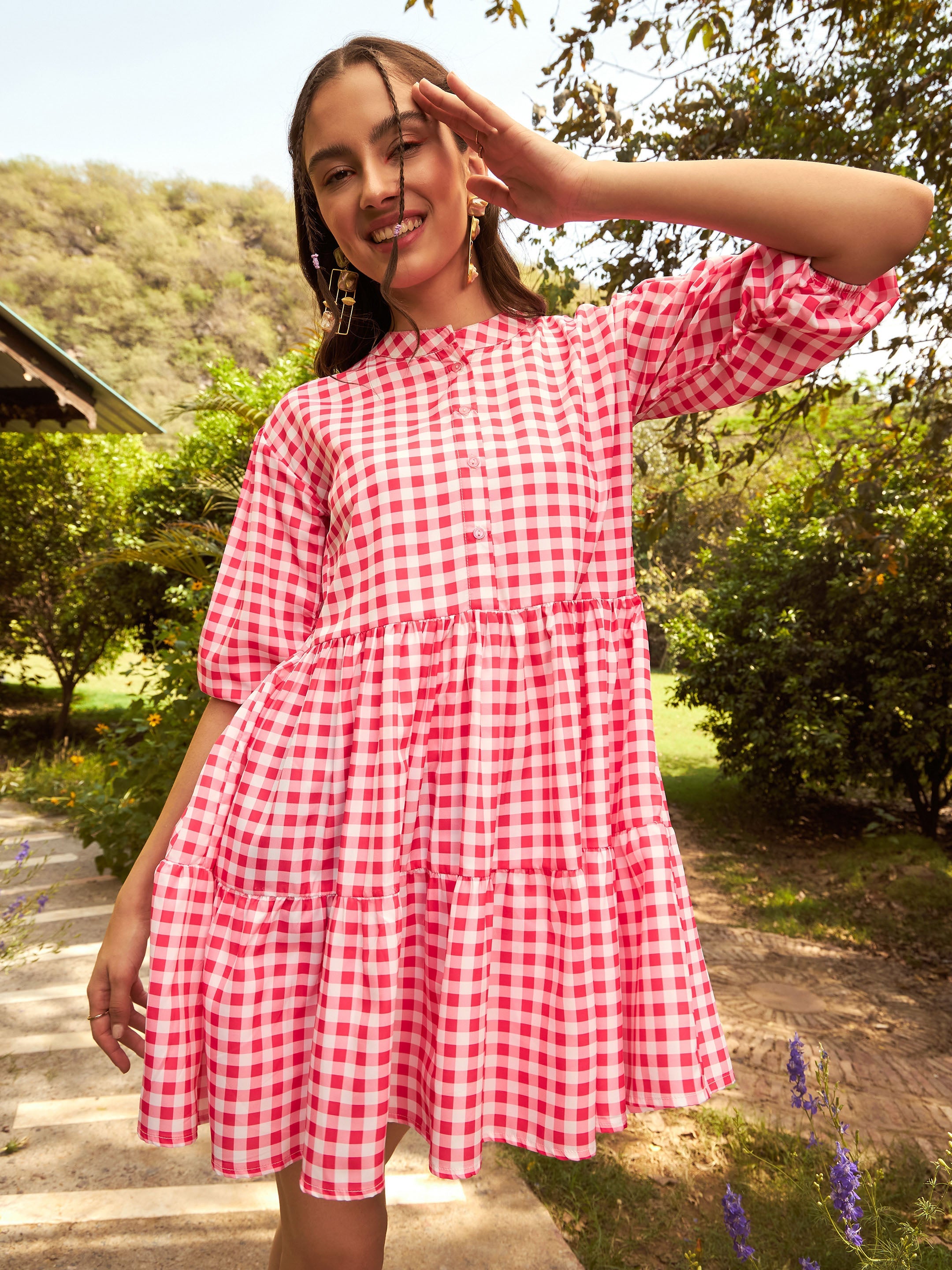 Women's Pink Check Tiered Mini Dress - SASSAFRAS