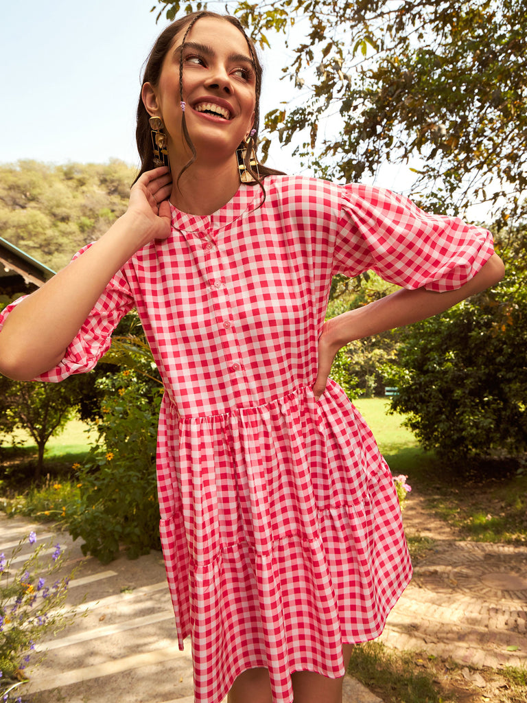 Women's Pink Check Tiered Mini Dress