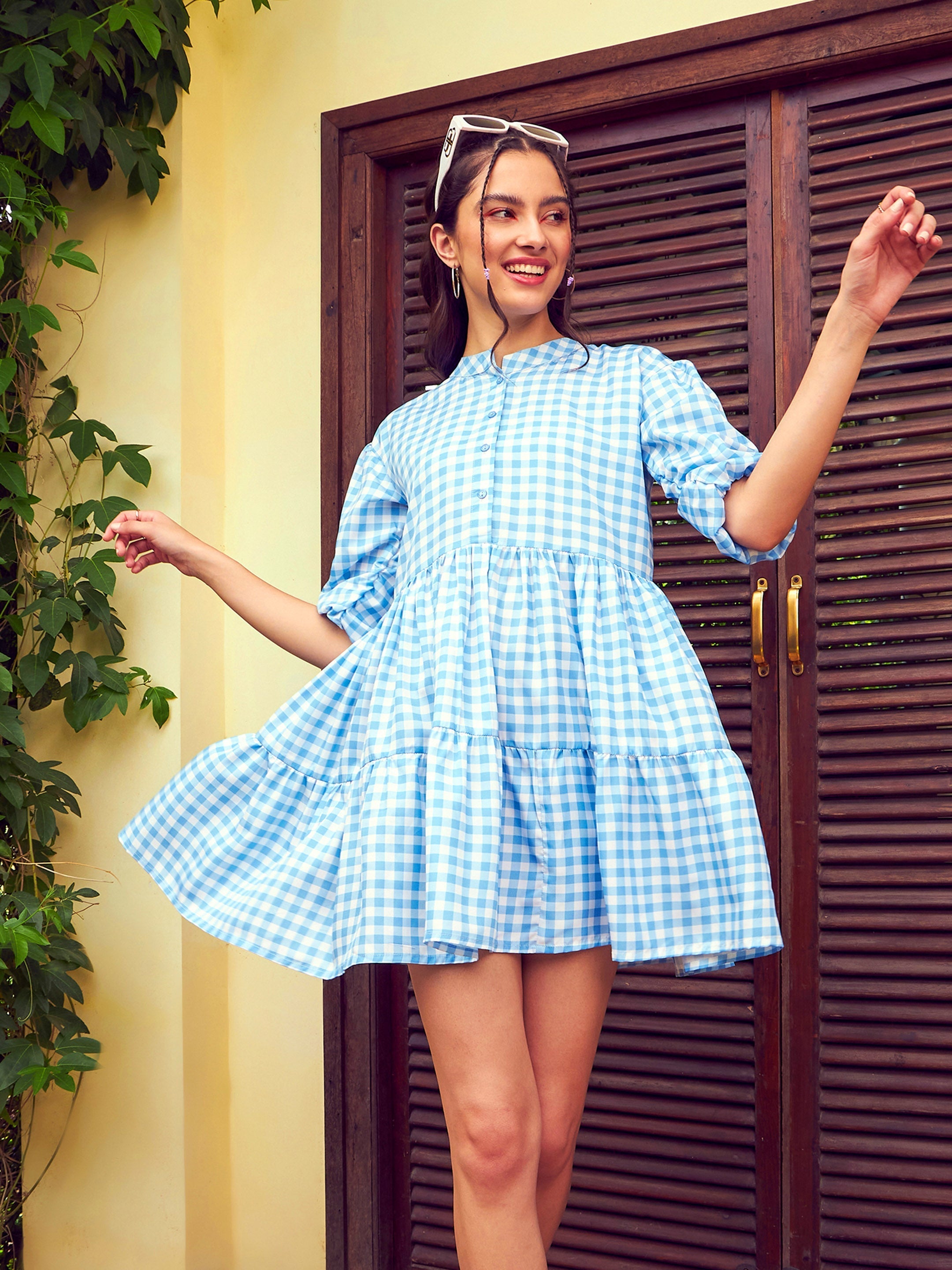 Women's Blue Check Tiered Mini Dress - SASSAFRAS