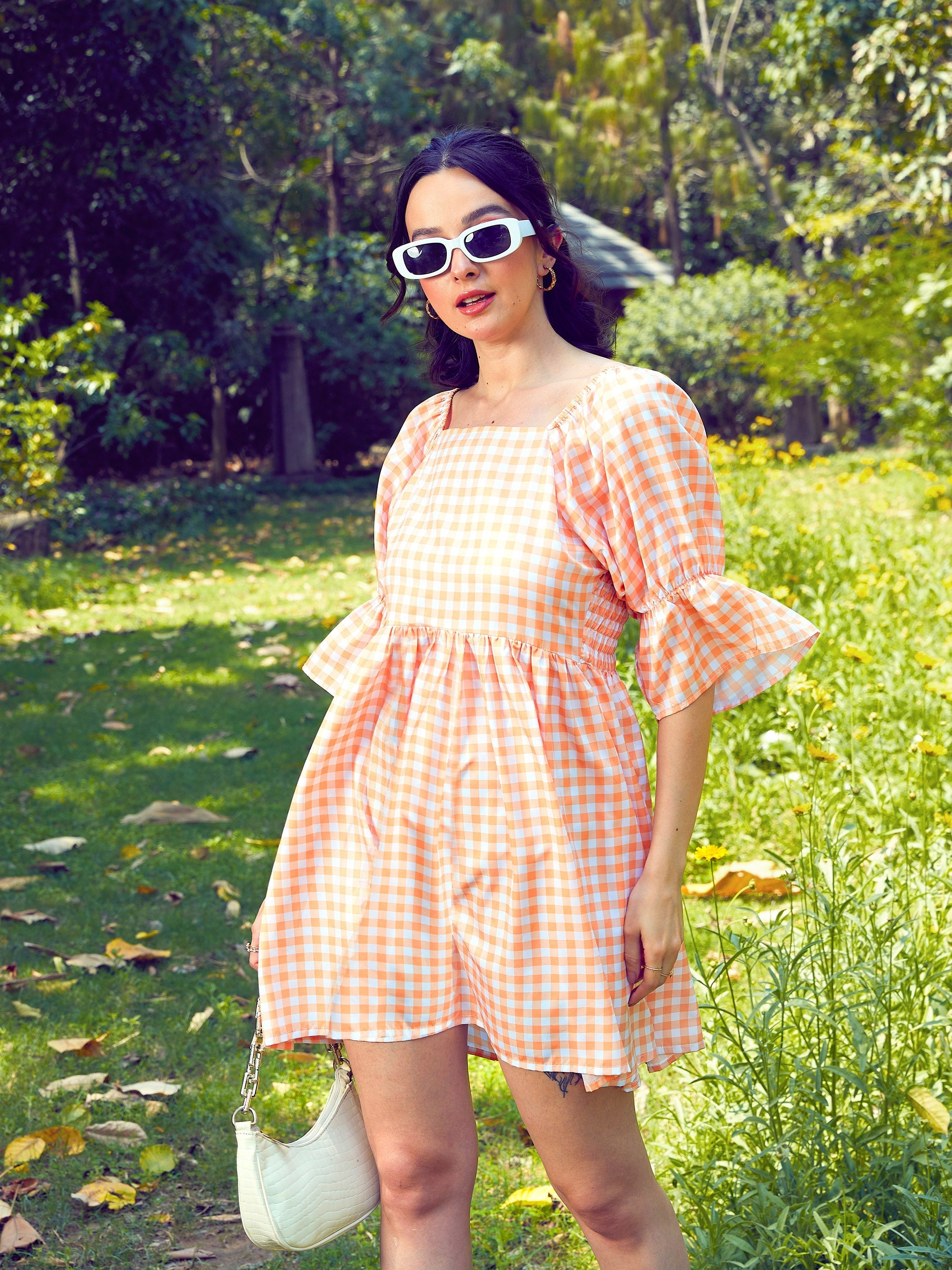 Women's Peach Check Puff Sleeves Mini Dress - SASSAFRAS