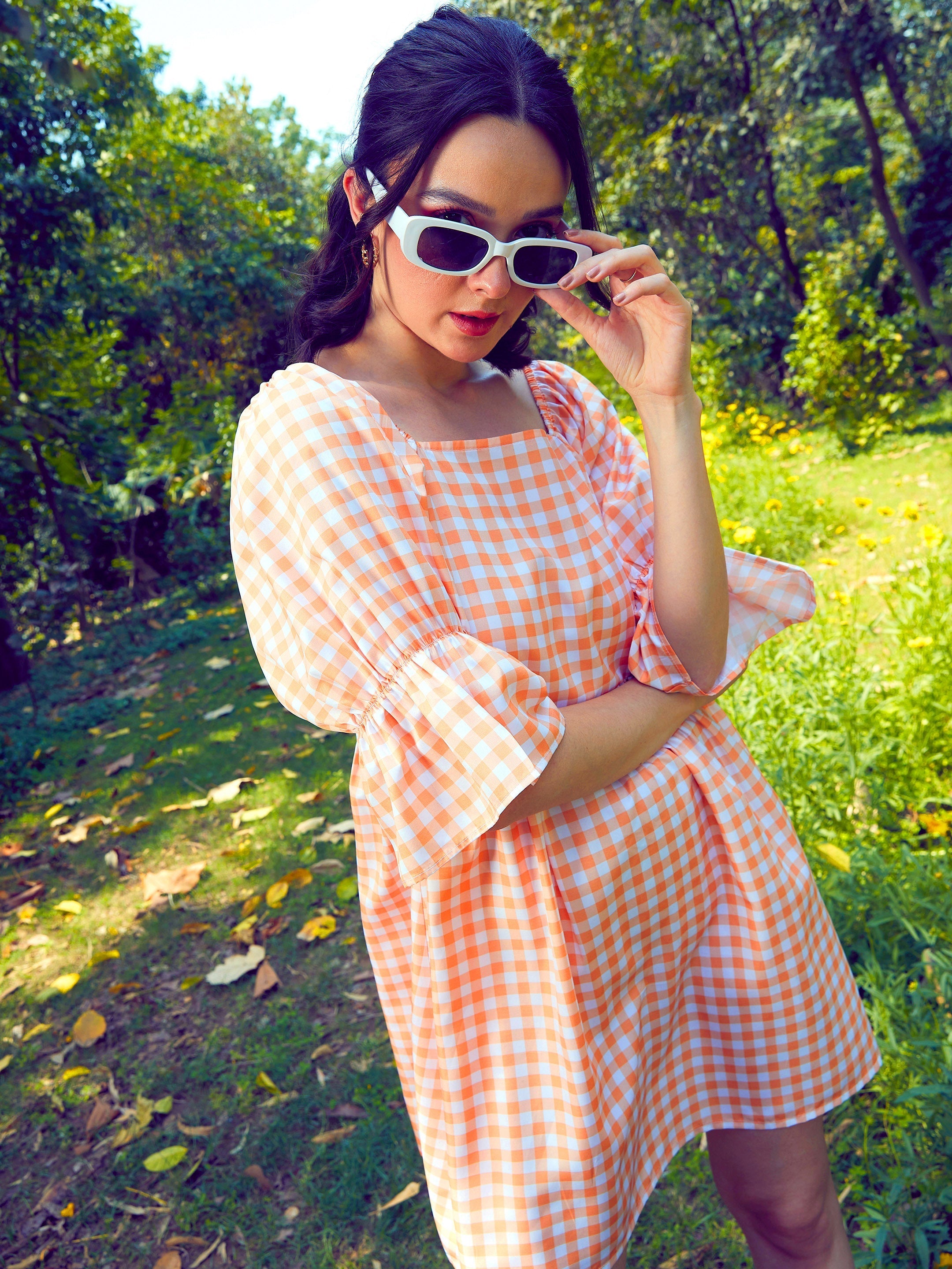 Women's Peach Check Puff Sleeves Mini Dress - SASSAFRAS