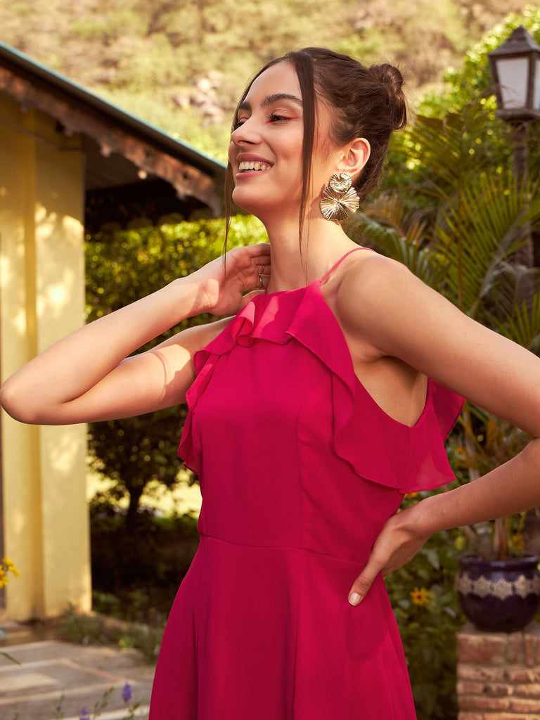 Women's Pink Strappy High Low Midi Dress