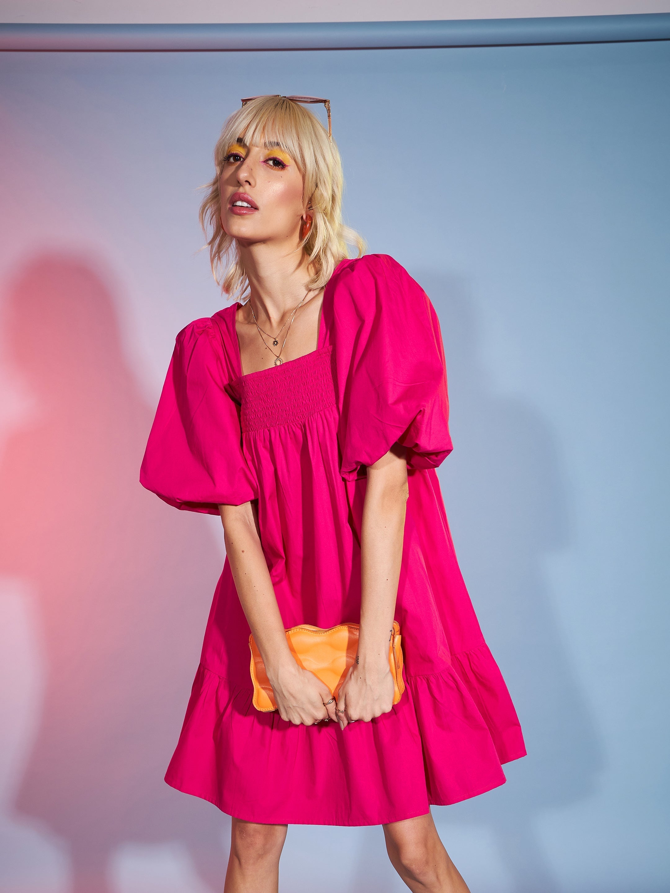 Women's Pink Puff Sleeves Short Tiered Dress - SASSAFRAS