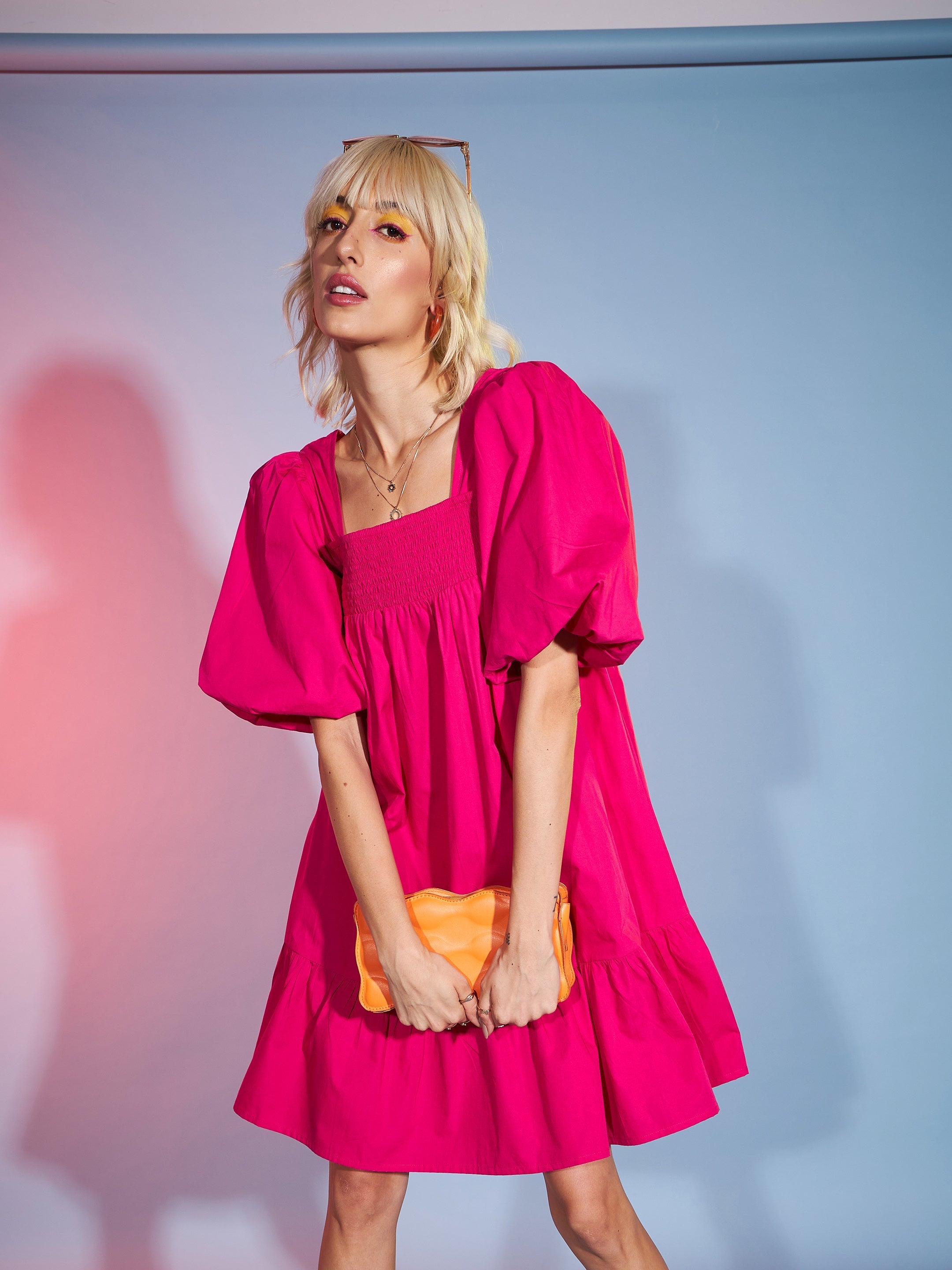 Women's Pink Puff Sleeves Short Tiered Dress Xs / Pink | Trendia Global Women's Pink Puff Sleeves Short Tiered Dress Xs / Pink | Trendia Global