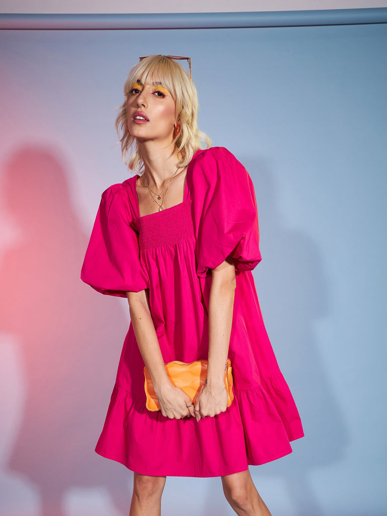 Women's Pink Puff Sleeves Short Tiered Dress