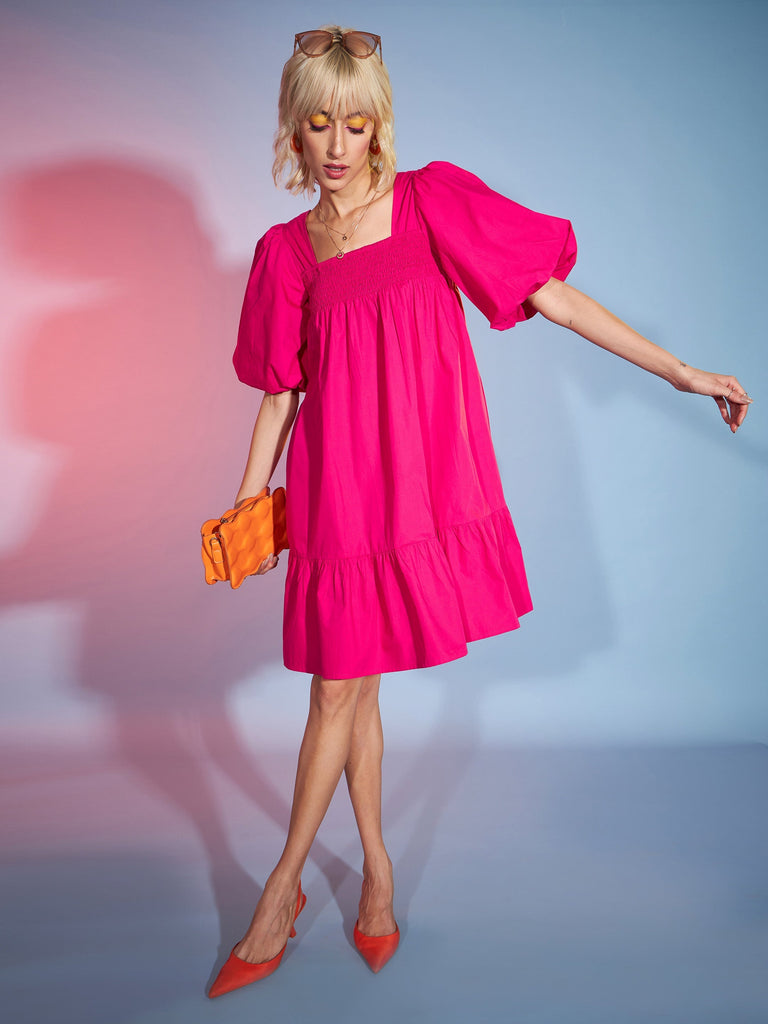 Women's Pink Puff Sleeves Short Tiered Dress