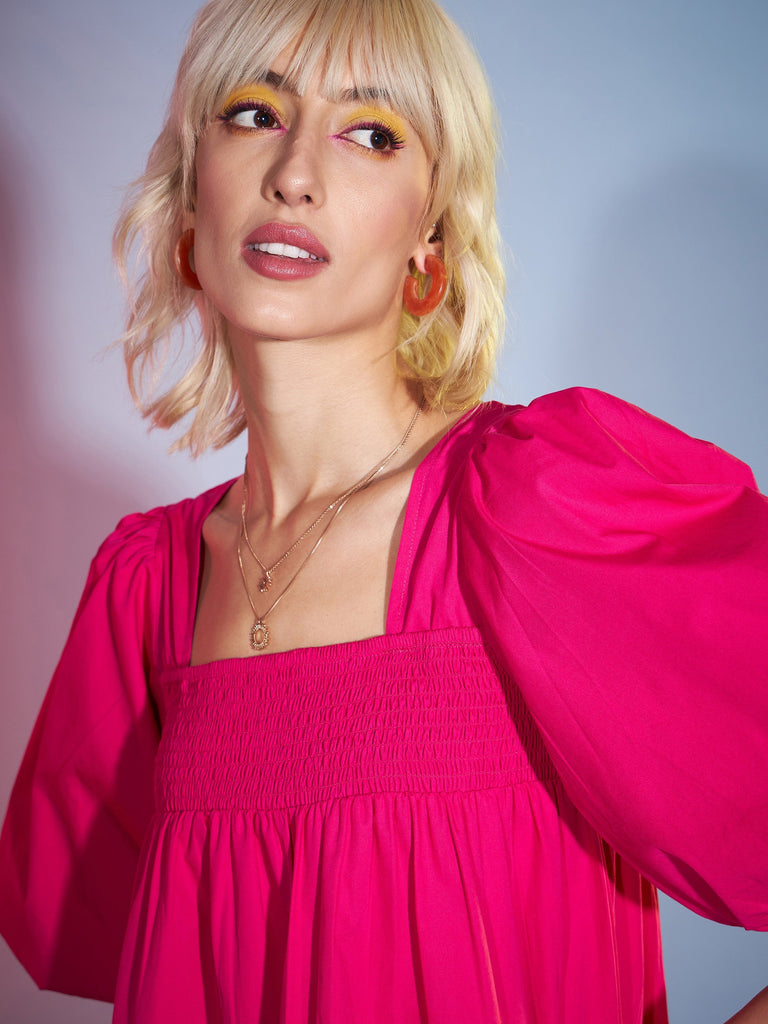 Women's Pink Puff Sleeves Short Tiered Dress