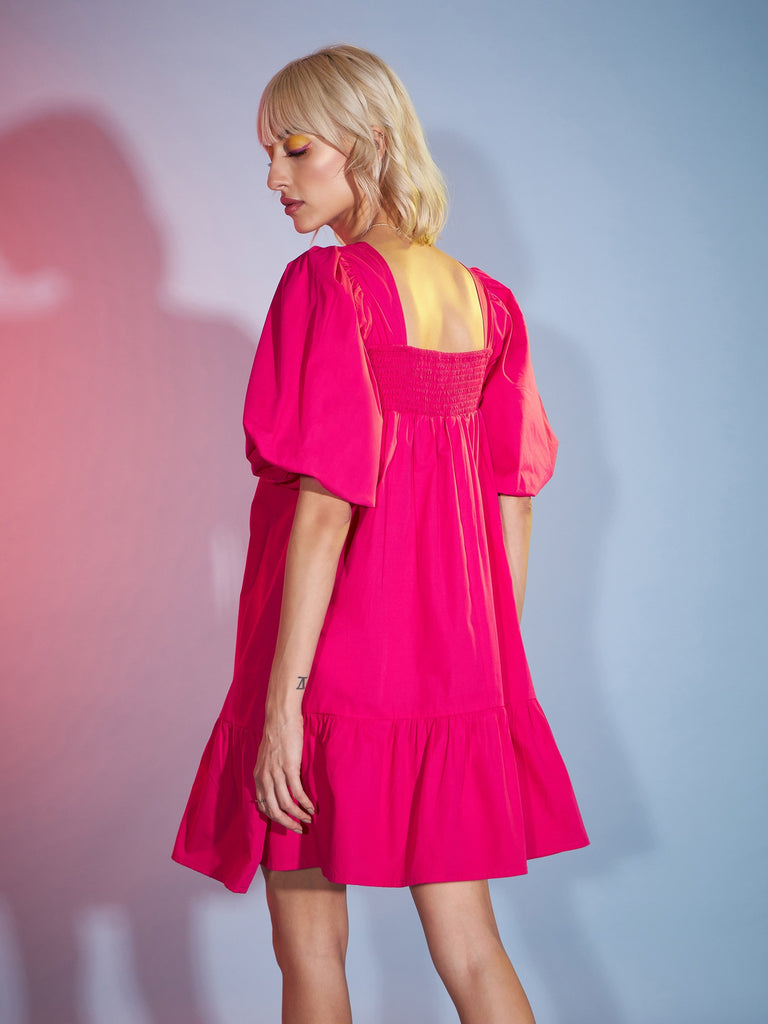 Women's Pink Puff Sleeves Short Tiered Dress
