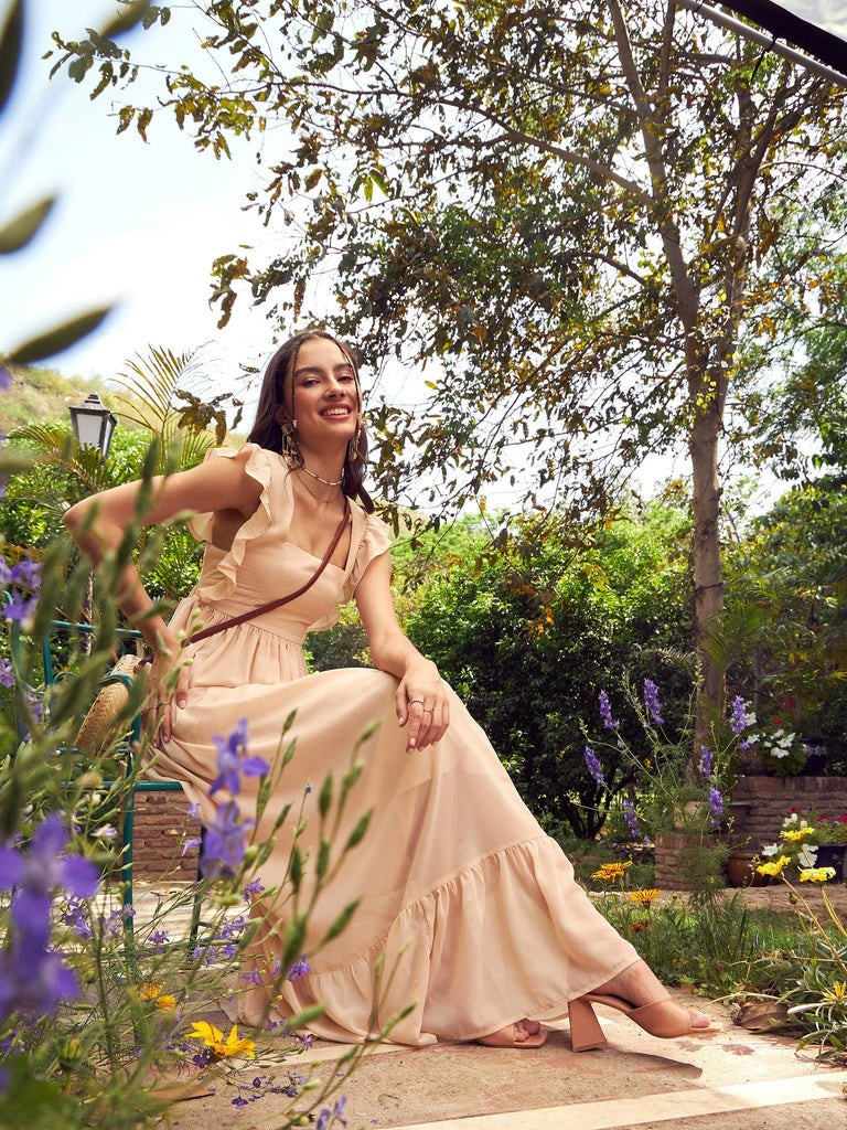 Women's Nude Square Neck Frill Hem Maxi Dress
