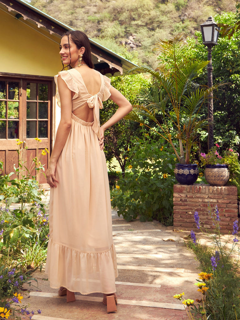 Women's Nude Square Neck Frill Hem Maxi Dress