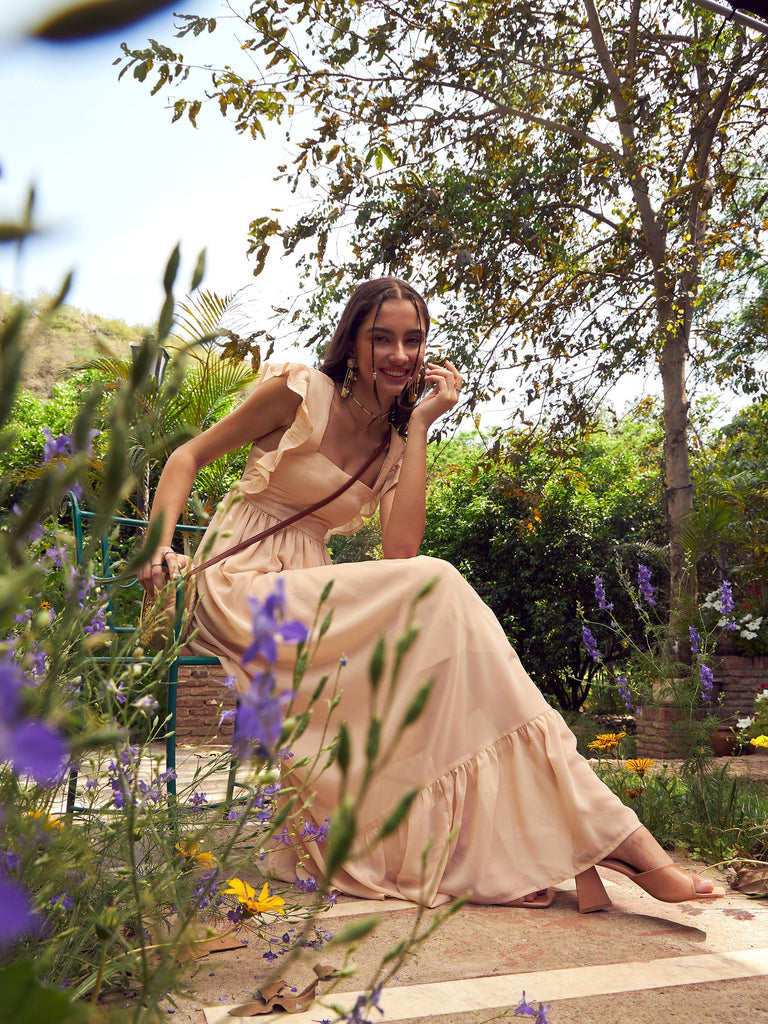 Women's Nude Square Neck Frill Hem Maxi Dress