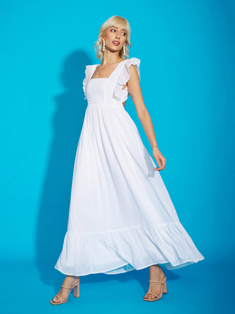 Women's White Square Neck Frill Hem Maxi Dress