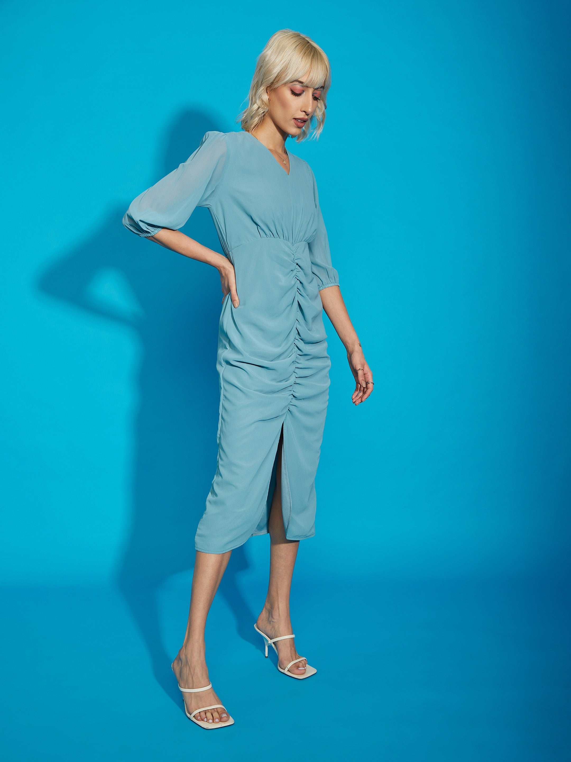Women's Blue V- Neck Ruched Midi Dress - SASSAFRAS