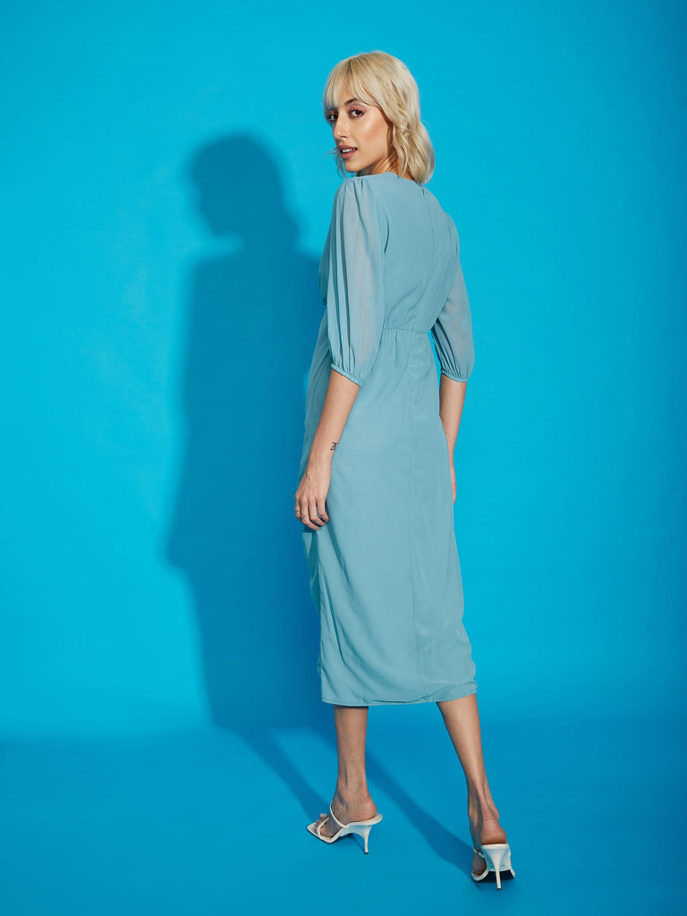 Women's Blue V- Neck Ruched Midi Dress
