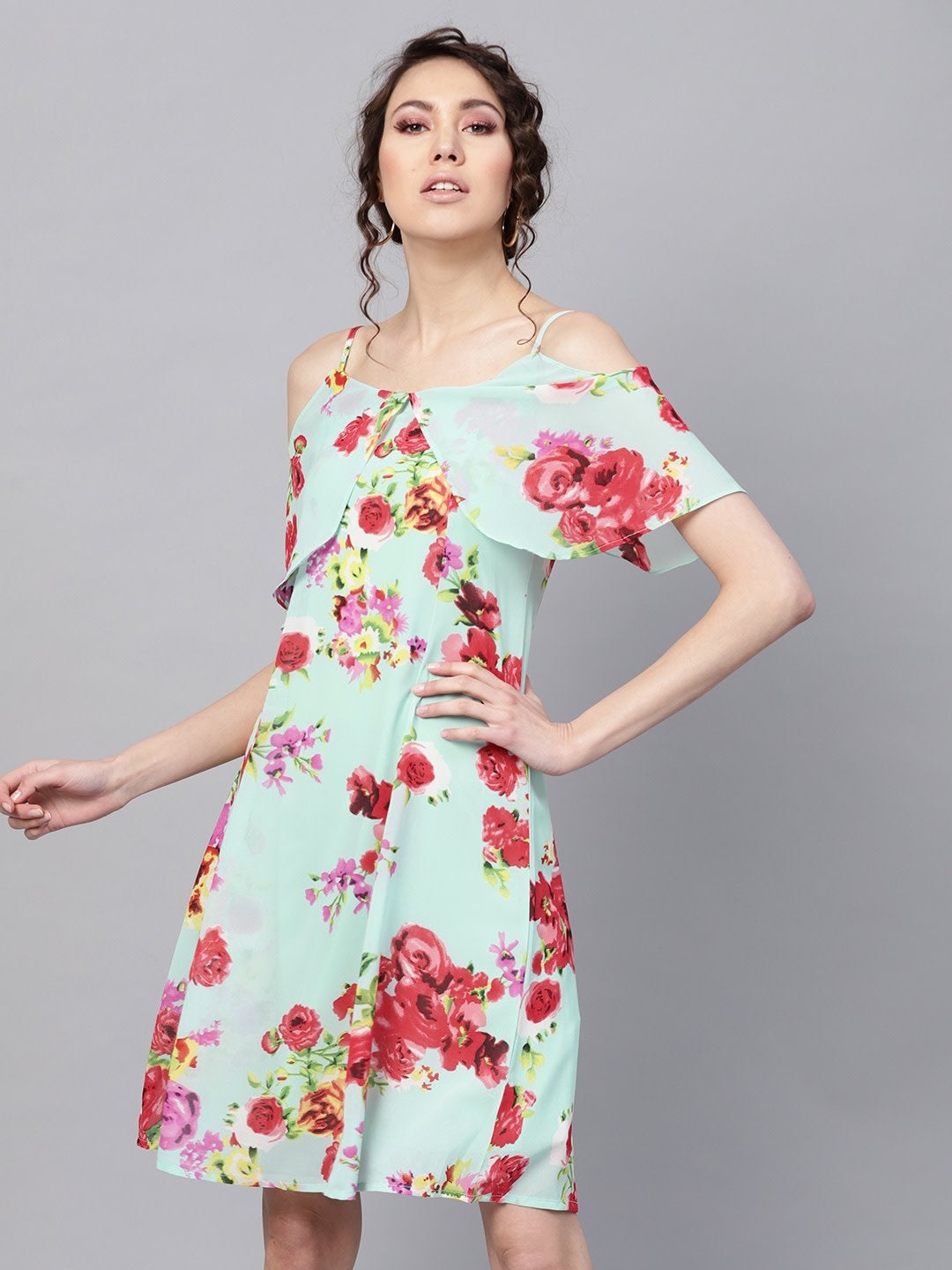 Women's Aqua Floral Layered Fit & Flare Strap Dress - SASSAFRAS