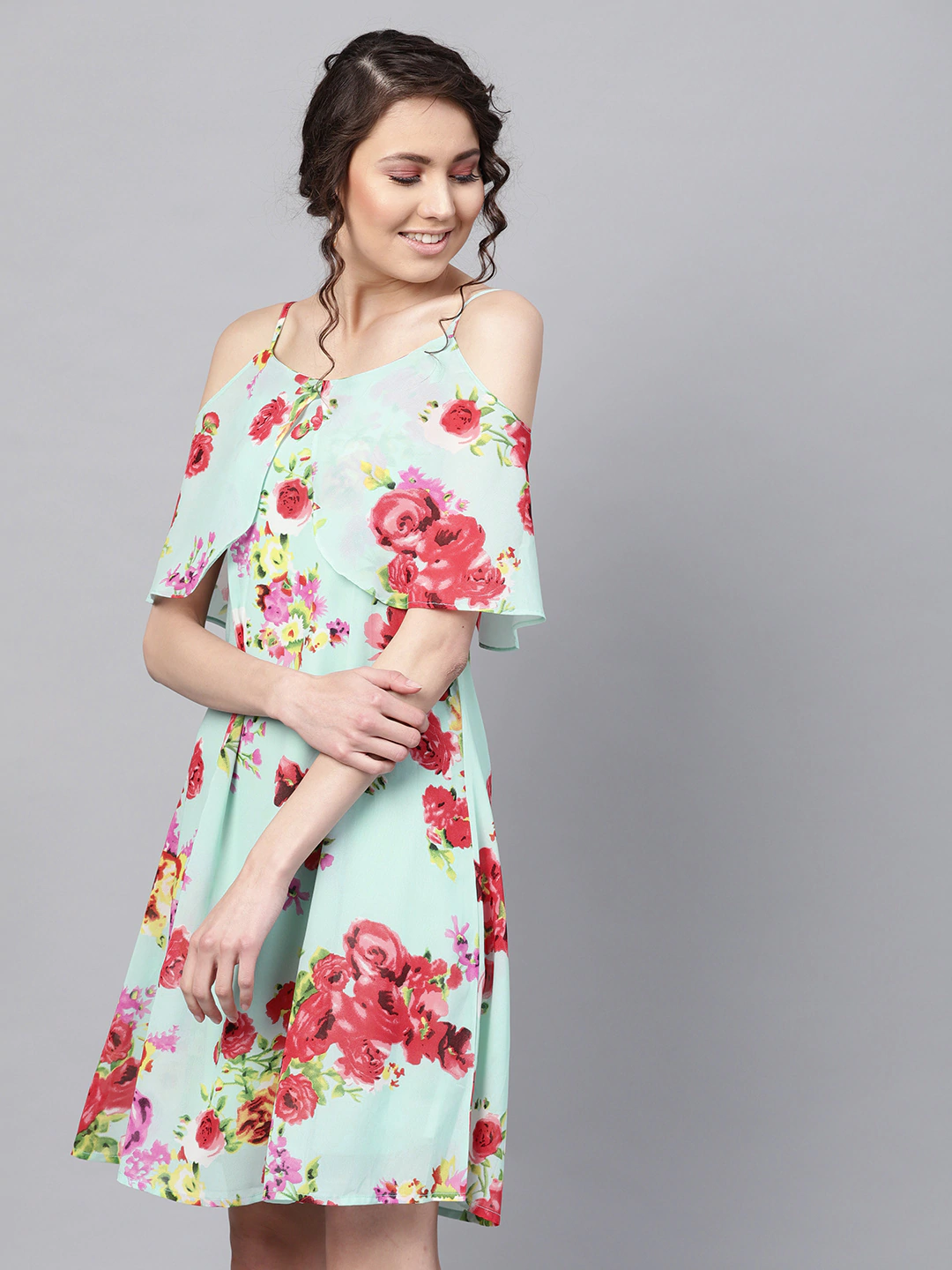 Women's Aqua Floral Layered Fit & Flare Strap Dress - SASSAFRAS