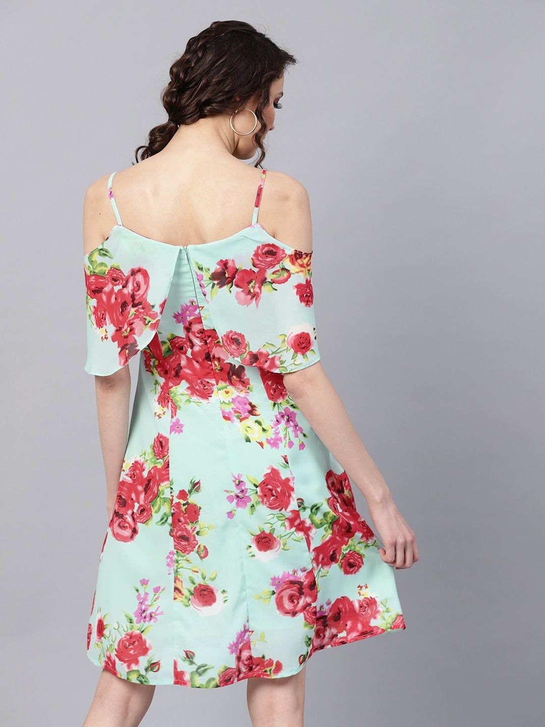 Women's Aqua Floral Layered Fit & Flare Strap Dress - SASSAFRAS