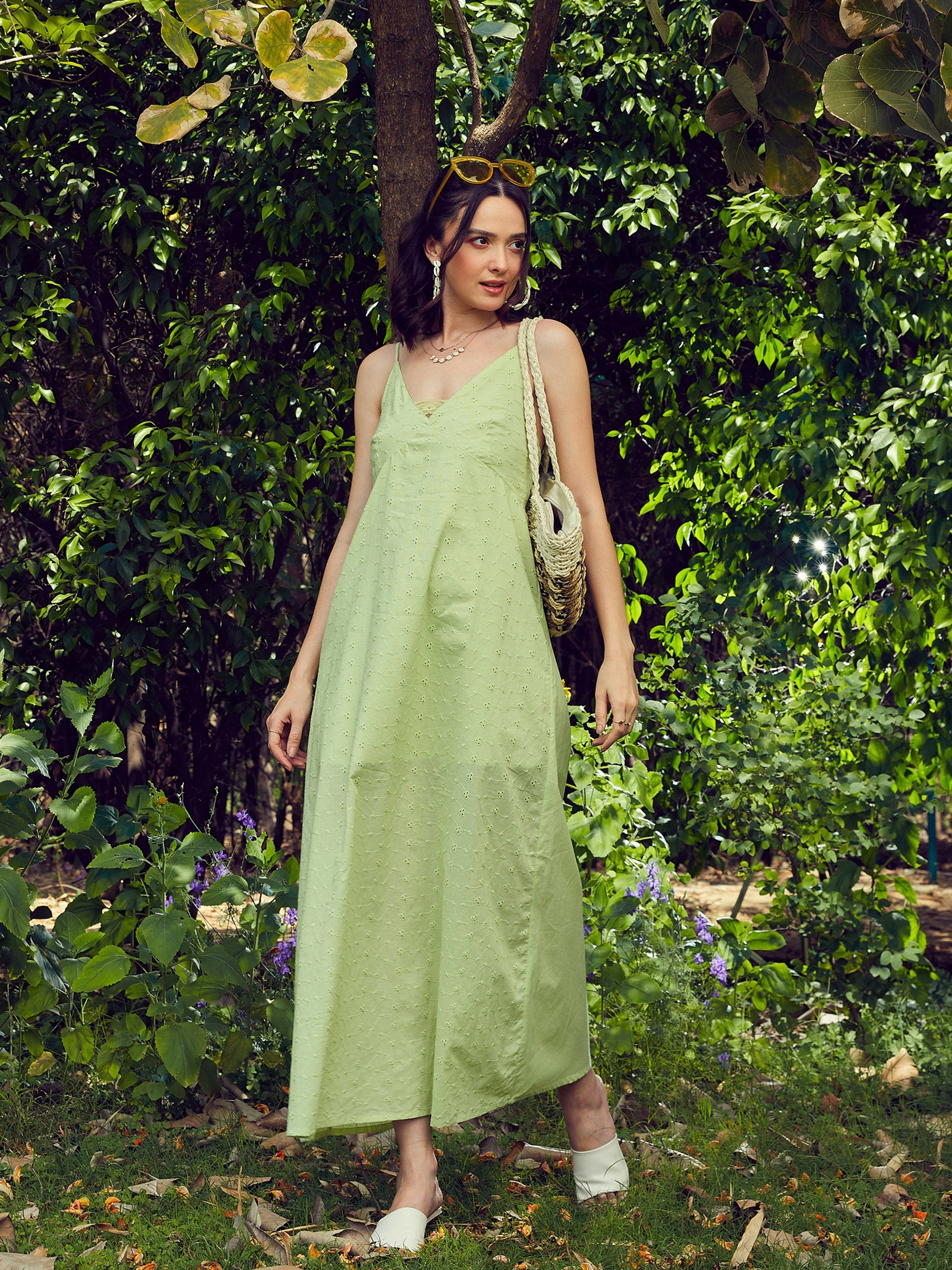 Women's Lime Green Schiffli Strappy Maxi Dress - SASSAFRAS