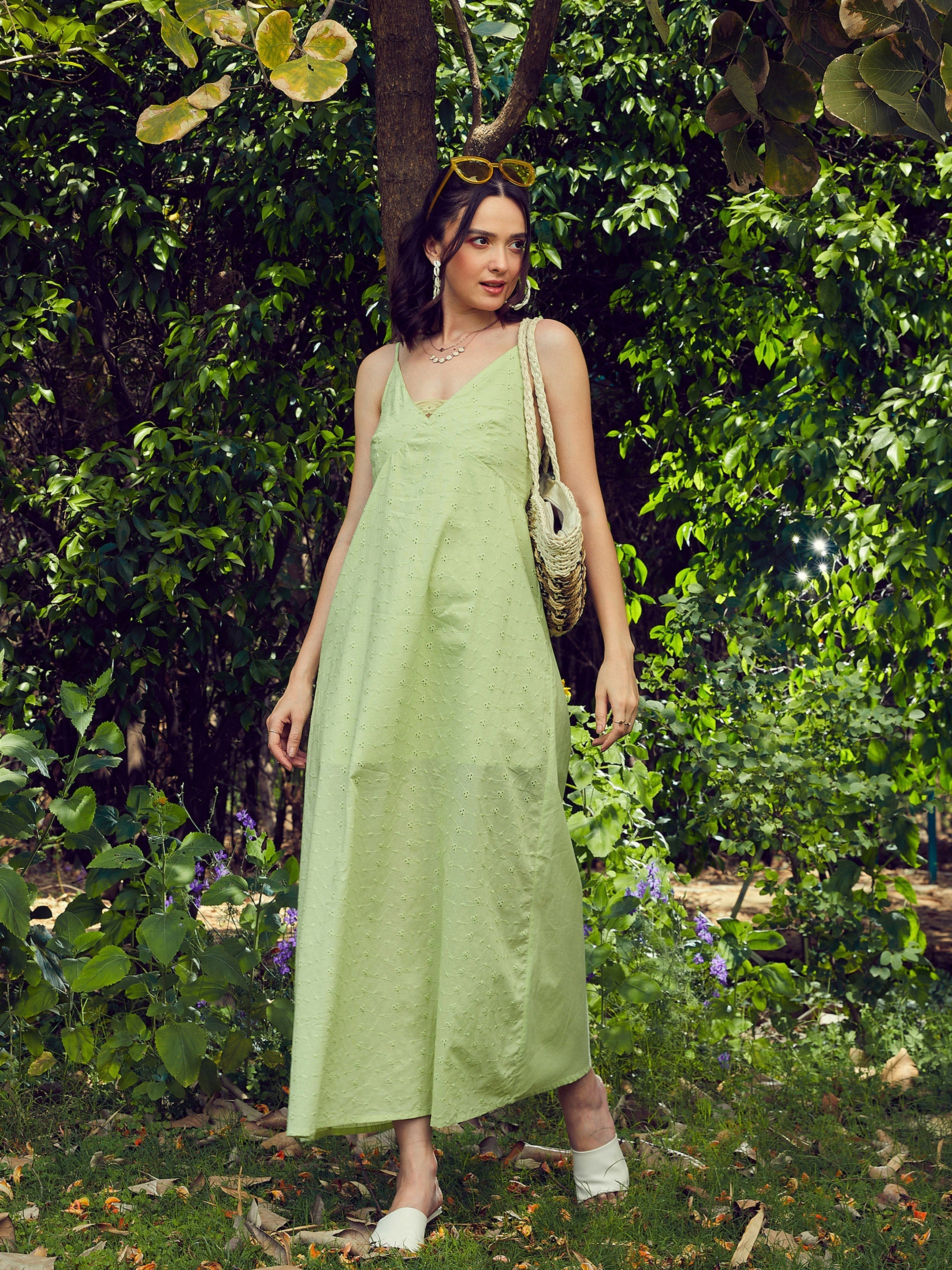 Women's Lime Green Schiffli Strappy Maxi Dress