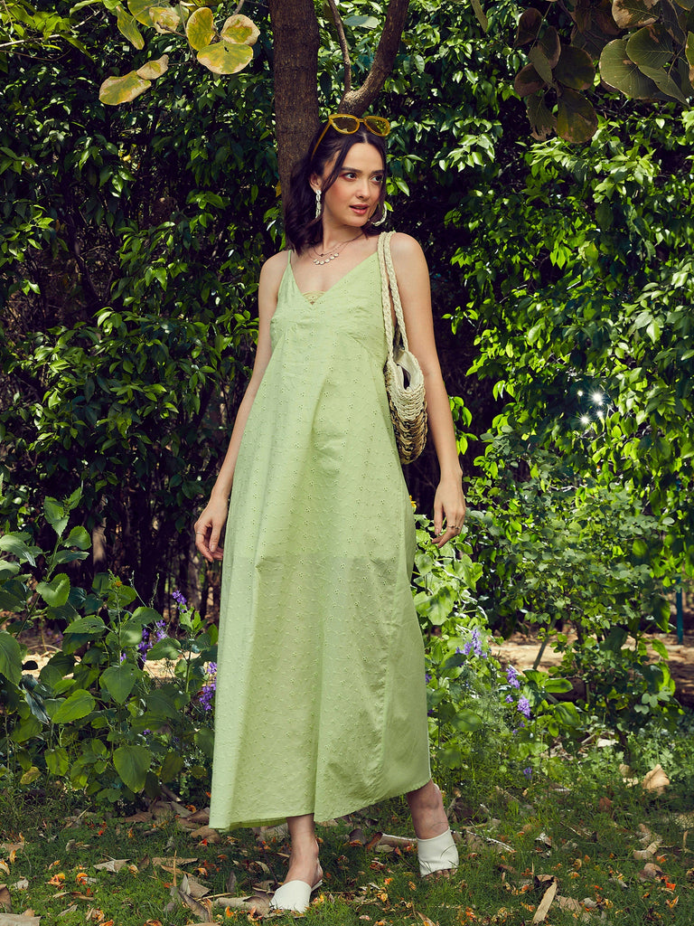 Women's Lime Green Schiffli Strappy Maxi Dress