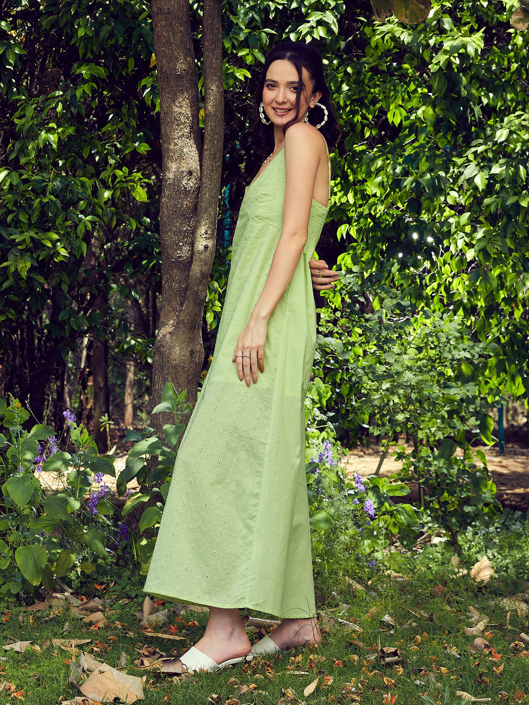 Women's Lime Green Schiffli Strappy Maxi Dress - SASSAFRAS