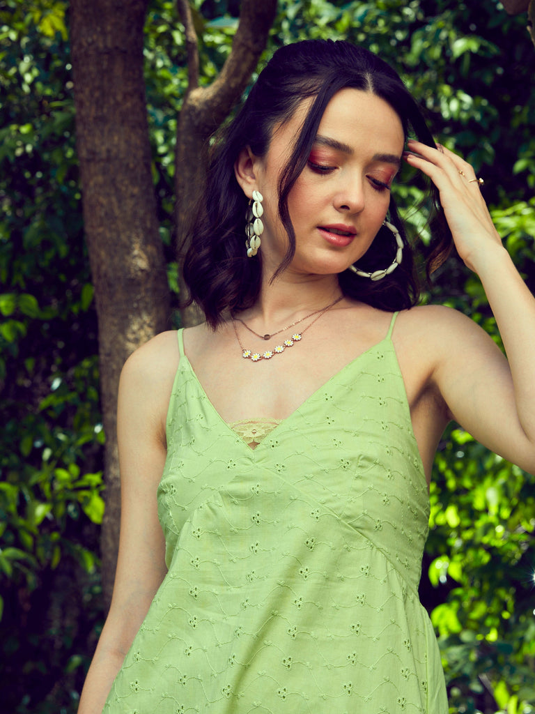 Women's Lime Green Schiffli Strappy Maxi Dress